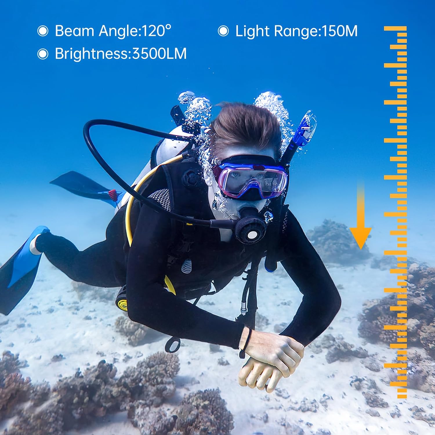 SecurityIng DFM02 Scuba Diving Video Light, 3500 Lumens, Underwater 150m, 6 Modes, 120 Degrees Wide Beam Angle, Underwater Flashlight with Red Blue Light for Photography