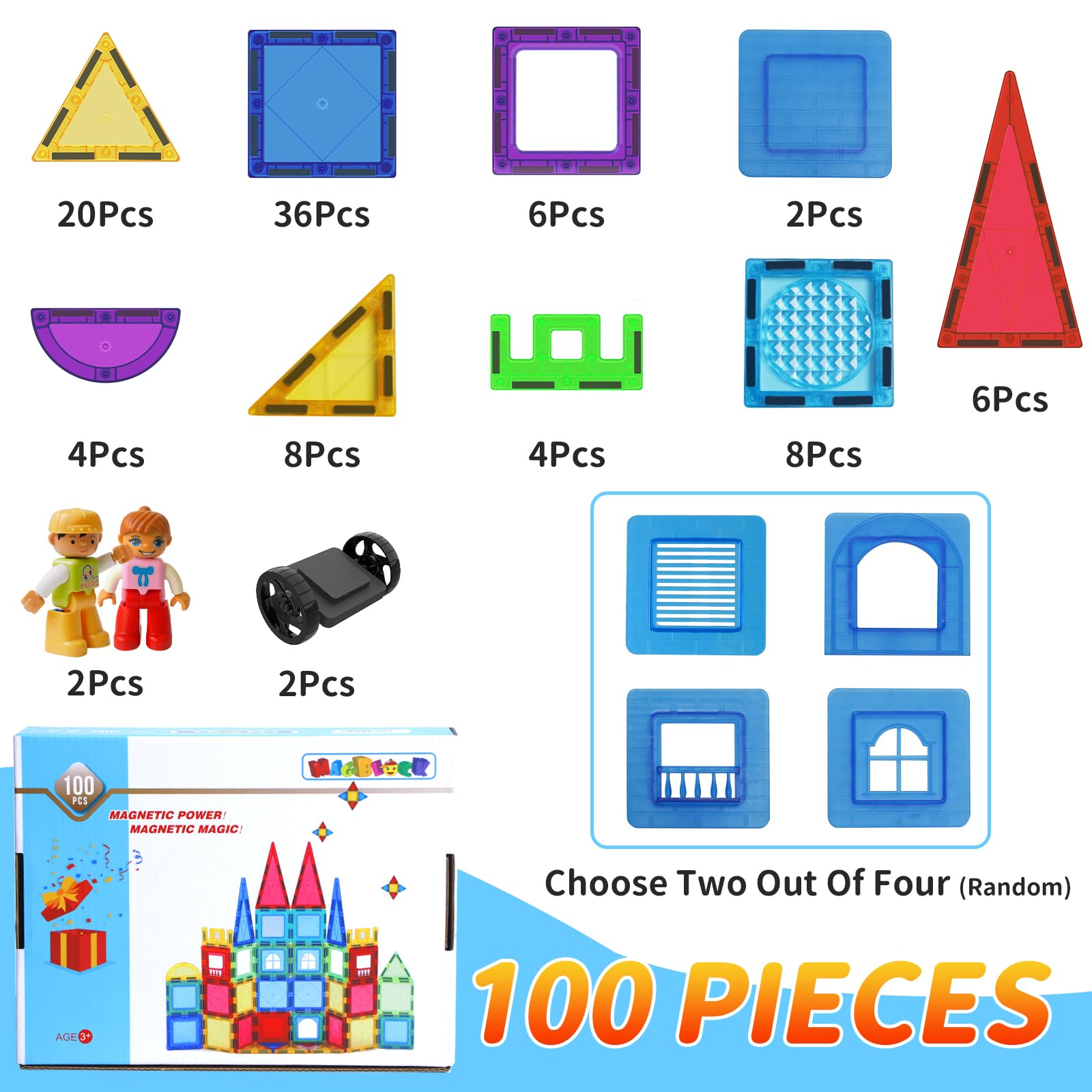 Magblock 100 Piezas Magnéticas Juego de Bloques de Construcción-Azulejos Magnéticos para Niños, Construcción Magnética Juguetes Educativos Regalo para 3 4 5 6 Años Niños Niñas