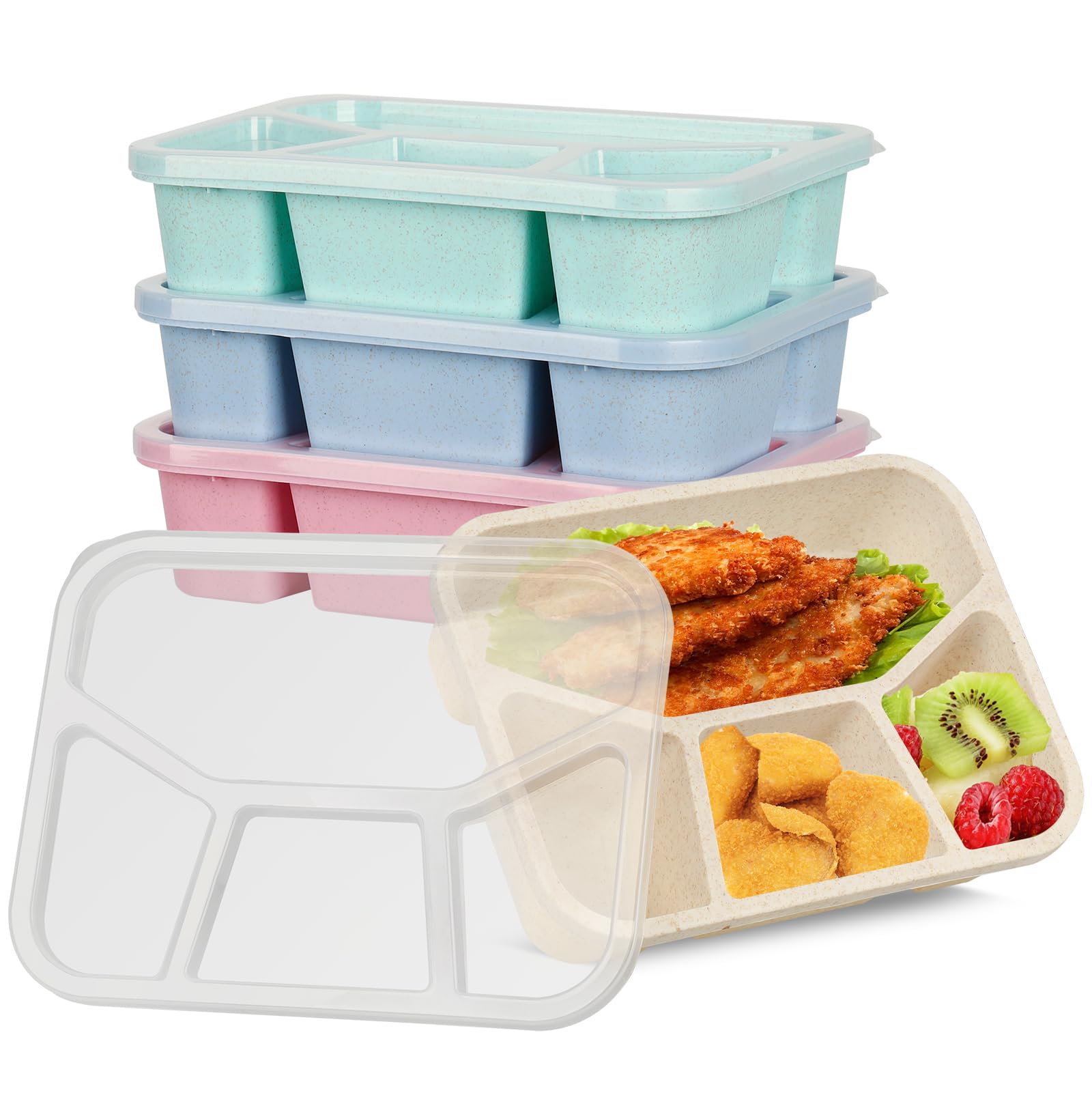 Voency 4 Pack Bento Lunch Box, 4 Compartments Snack Lunch Container, Reusable Divided Food Storage Box with Transparent Lids, Stackable Snack Box for School Work Travel