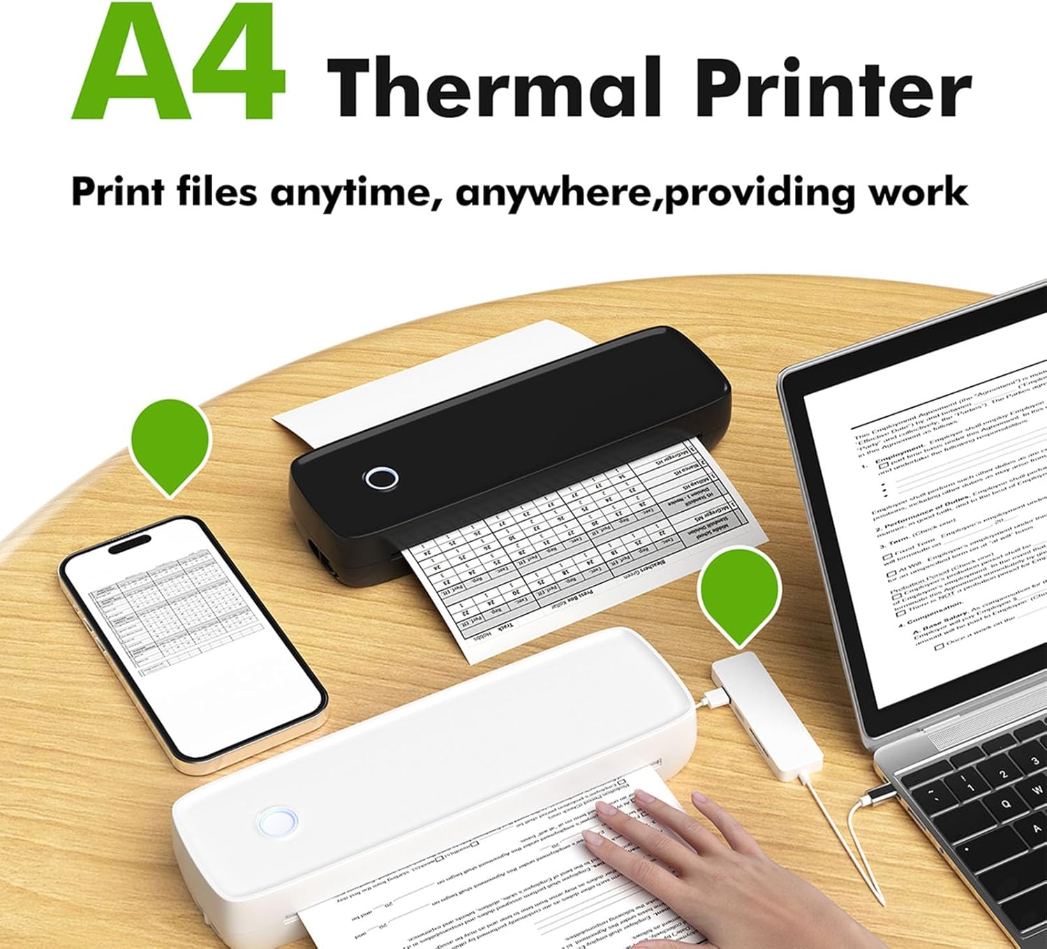 ZJchao A80 Portable Thermal Printer in use with a smartphone and laptop
