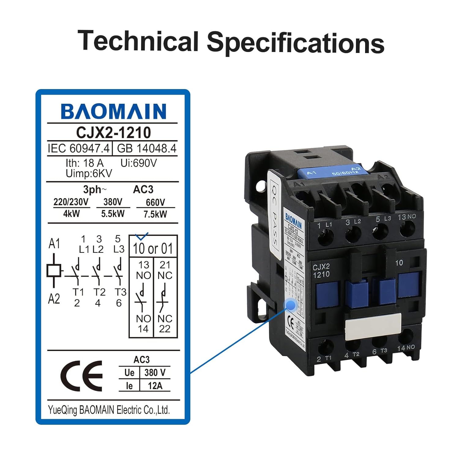 Baomain 3-Pole AC Contactor CJX2-1210 110VAC Coil, 3NO+1NO Auxiliary, 660V 3-Phase, DIN Rail Mount, Pack of 2