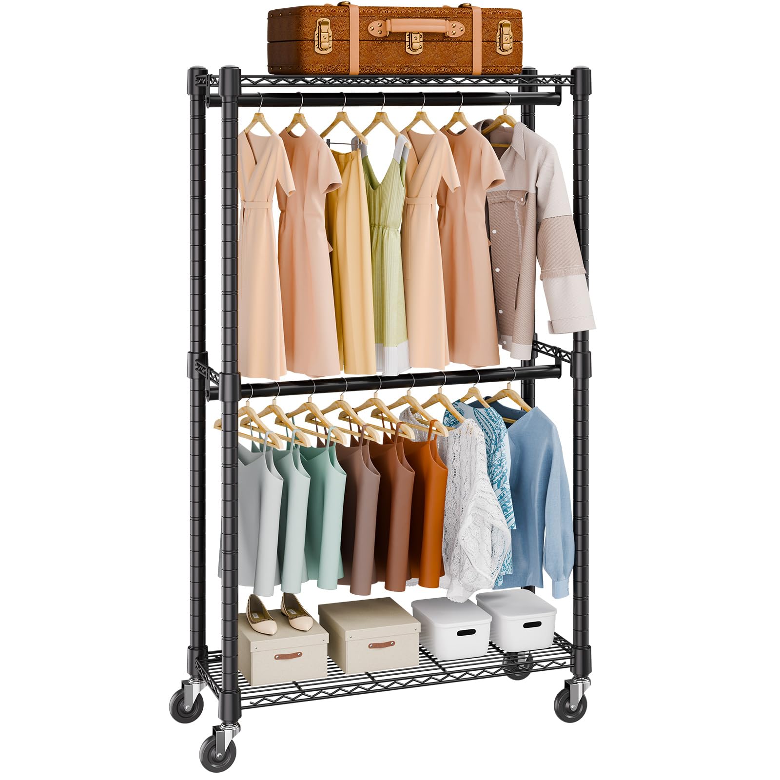 VEVOR Rollbarer Kleiderständer Garderobenständer 1 Kleiderstange, 2-lagig, 136 kg Belastbar Strapazierfähiger Rollbarer Kleiderständer für Schlafzimmer, Wäscheraum, Ankleidezimmer, Eingang usw.