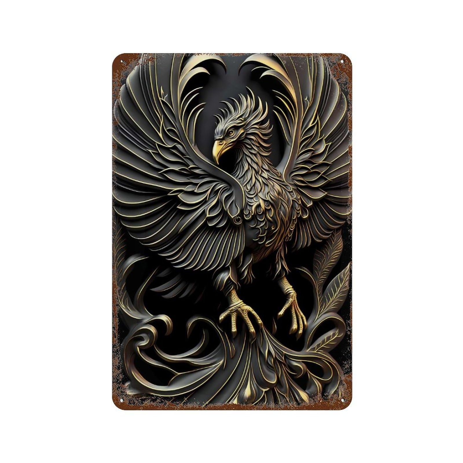Rust Effect Mighty Golden Phoenix Deco Aged Metal Wall Plaque 11.8"x7.9", Classic Wall Plaque for Basement, Hobby Room And Garage Decor