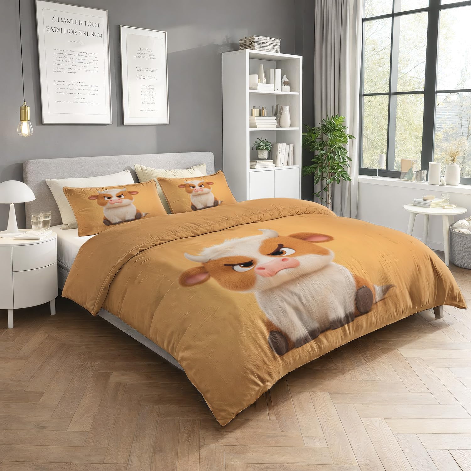 Poszwa na kołdrę Zima Zwierzęta - 220 x 240 cm - Dwustronna pomarańczowa mandarynka z mikrofibry - 2 poszewki na poduszki w zestawie - Urocza zrzędliwa krowa Pościel - Morbid Microfiber Duvet Cover