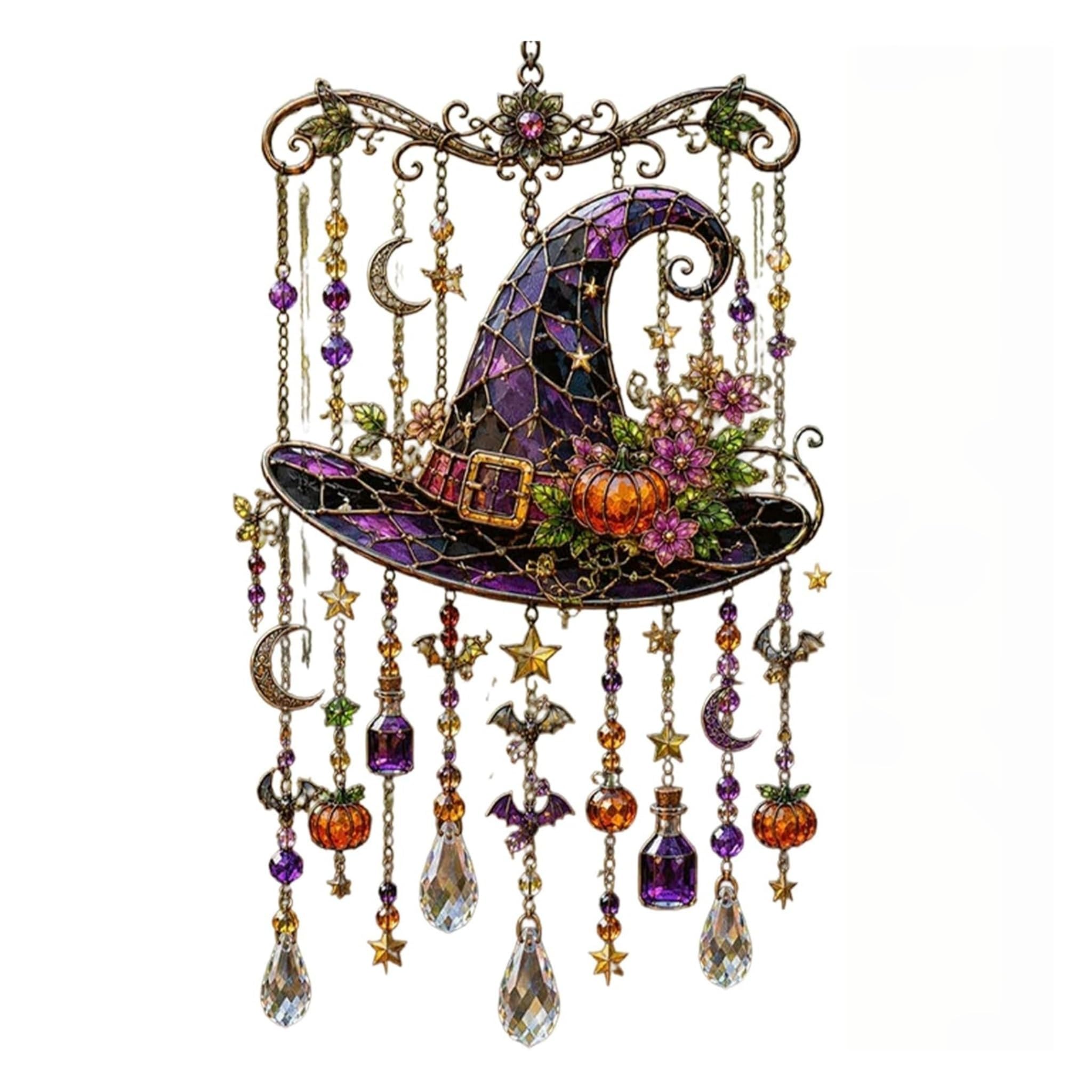 Halloween Wind Chime Stained Style Acrylic Suncatcher Ghost & Witch，C