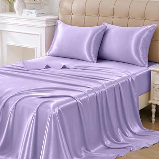 Mooreeke Queen Size Satin Bed Sheet Set, 4 Pieces, Lavender | Luxurious Silky Soft, Cooling, 15" Deep Pocket, Non-Slipping, Heavyweight & Durable, Skin & Hair Friendly