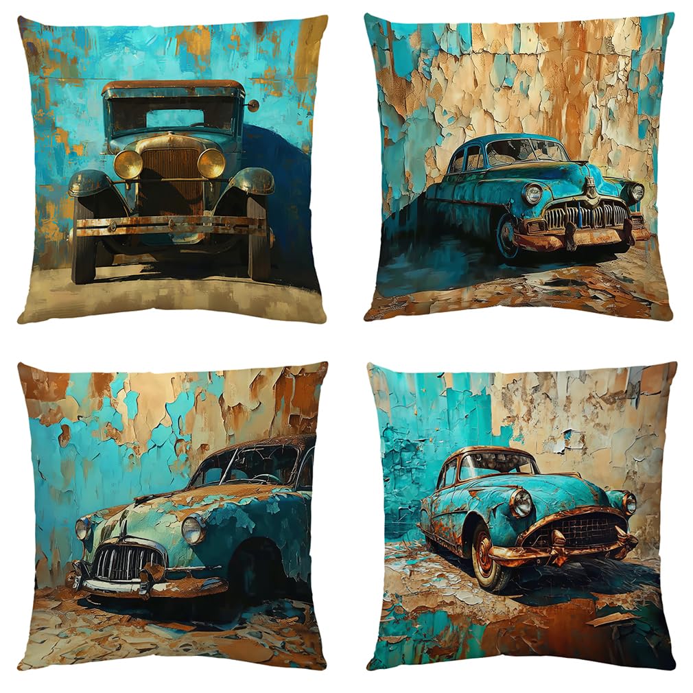 Housse de coussin 60x60 voitures anciennes en peluche courte carrée