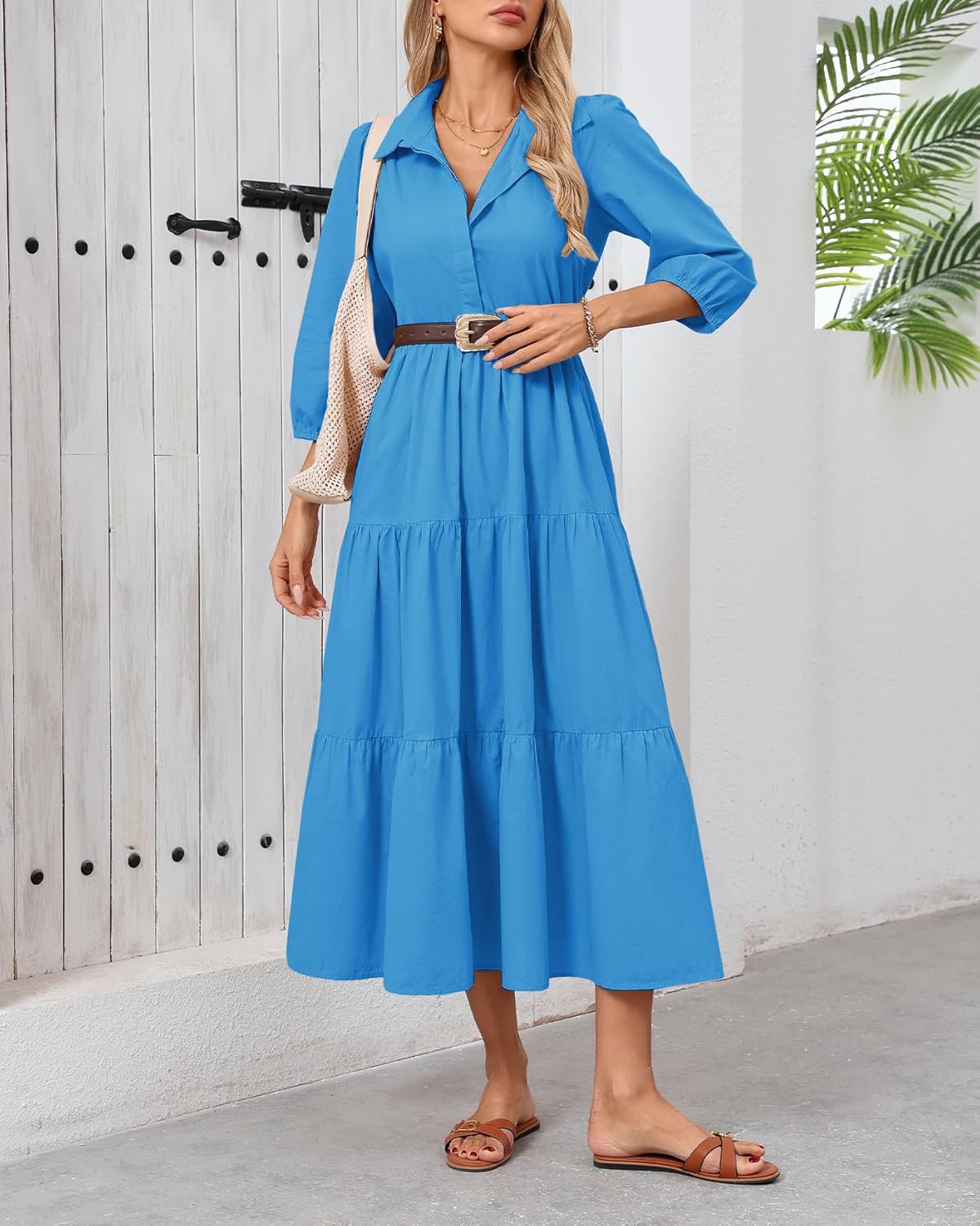 Women Button Down Maxi Shirt Dress Long Sleeve Flowy Tiered Collared Dresses with Pockets - Image 8