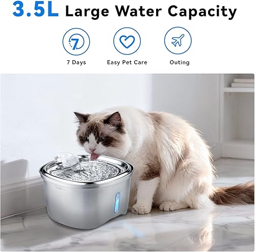 Miniatura 2 de Fuente de agua para gatos, fuente de agua para mascotas de acero inoxidable de 120 oz3.5 L, bomba silenciosa automática, cuenco de agua para gatos