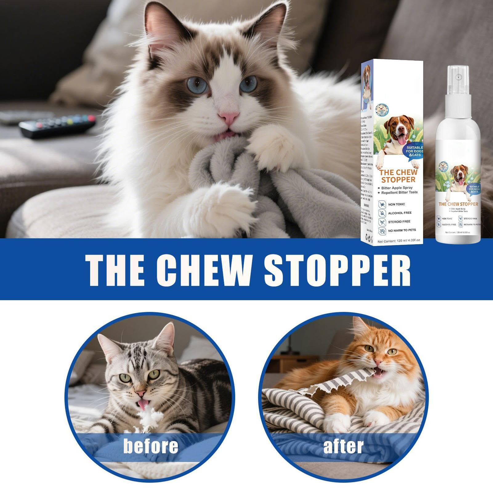 Spray anti-pipi pour chien | 120 ml pour chat – Aide au comportement pour l'urine, les déjections canines, meubles, tapis, maison, chiot, marquage, toilettes, aboiements, camping