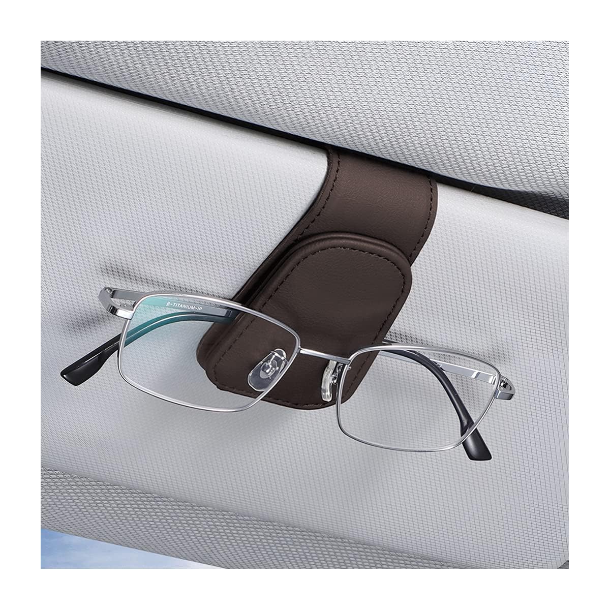 AICEL Sunglasses Holders for Car Sun Visor, Leather Magnetic Clip, Brown