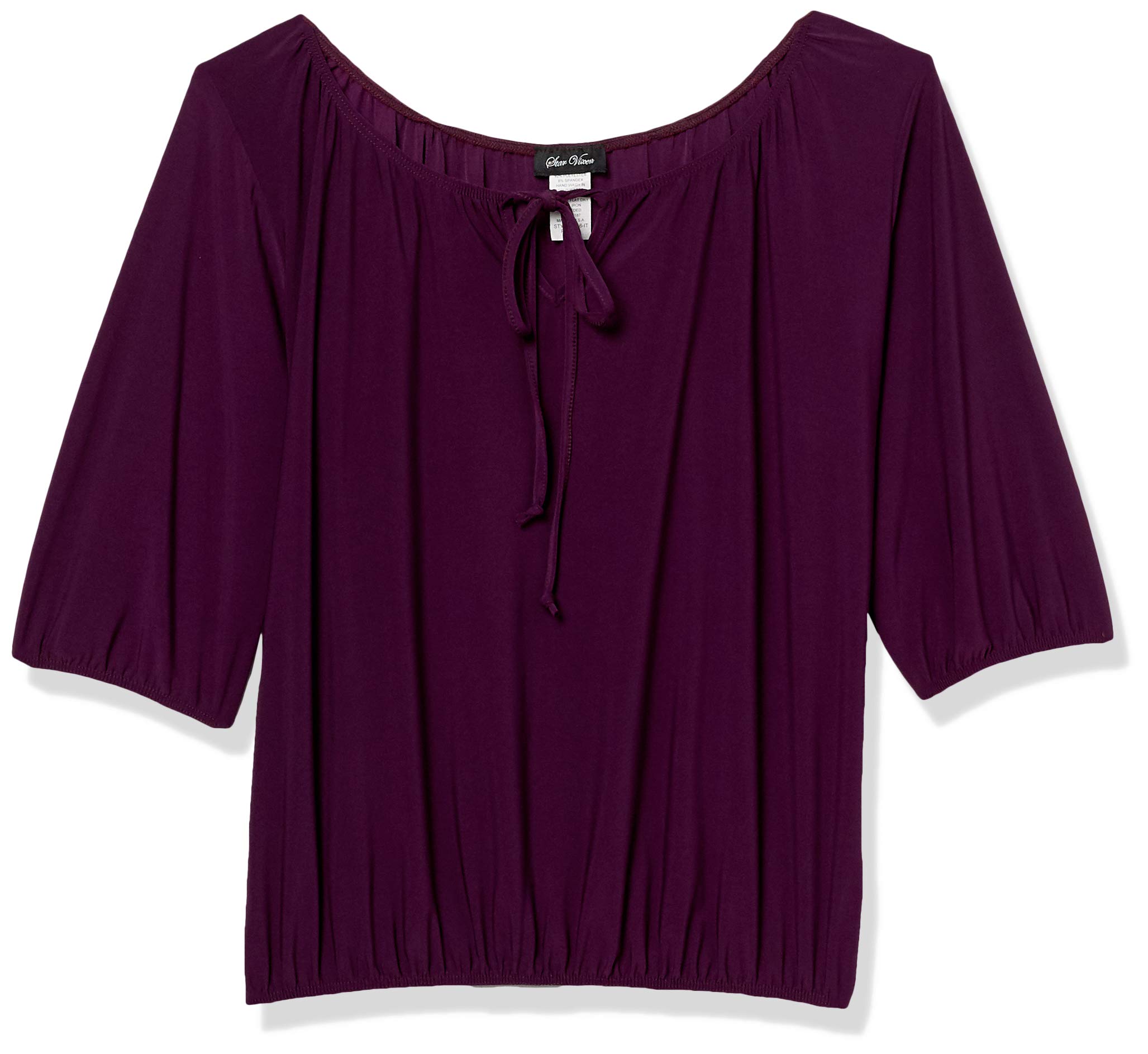 Star Vixen Women's Petite 3/4 Sleeve Peasant Elastic-Hem Keyhole-Tie Top Blouse, Plum, Large