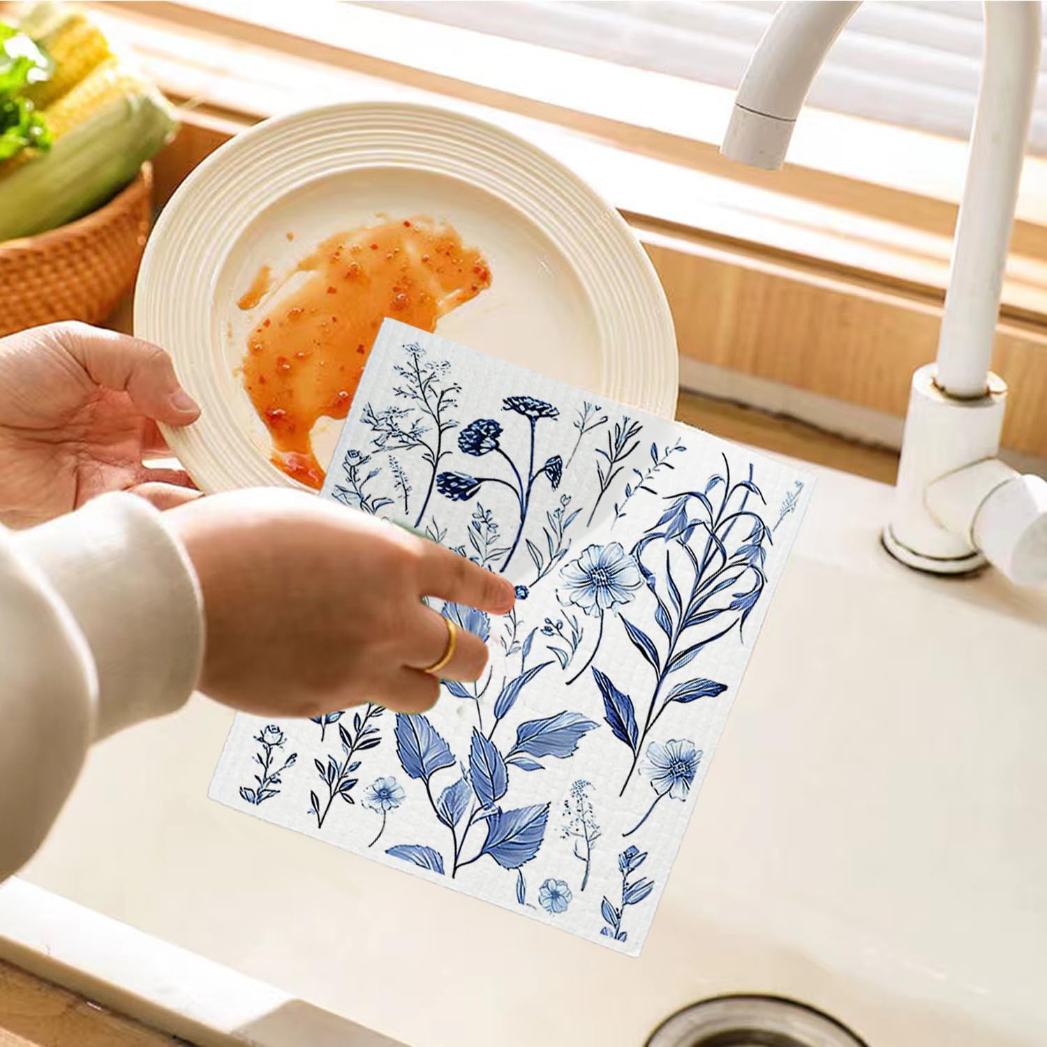 Paños de cocina suecos de flores de primavera para cocina, paños de limpieza suecos azules para flores, toallas de papel reutilizables de papaya, paquete de 4 paños de cocina para cocina,