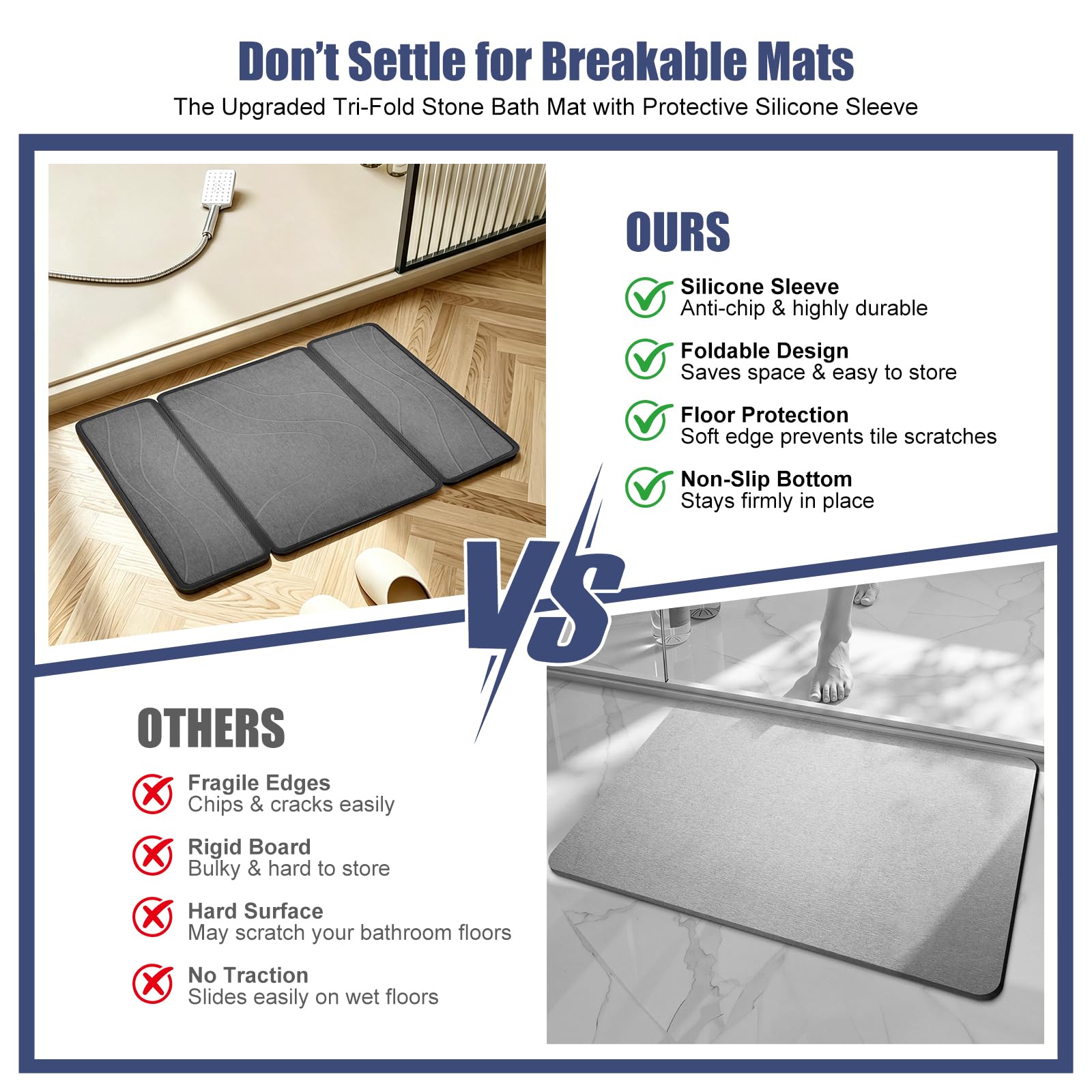 Alfombra Diatomita Baño con Funda de Silicona (Gris/Ondas Agua,50x40cm) | Alfombra de diatomita plegable (3 partes), superabsorbente, secado rápido y antideslizante para baño, ducha y lavabo