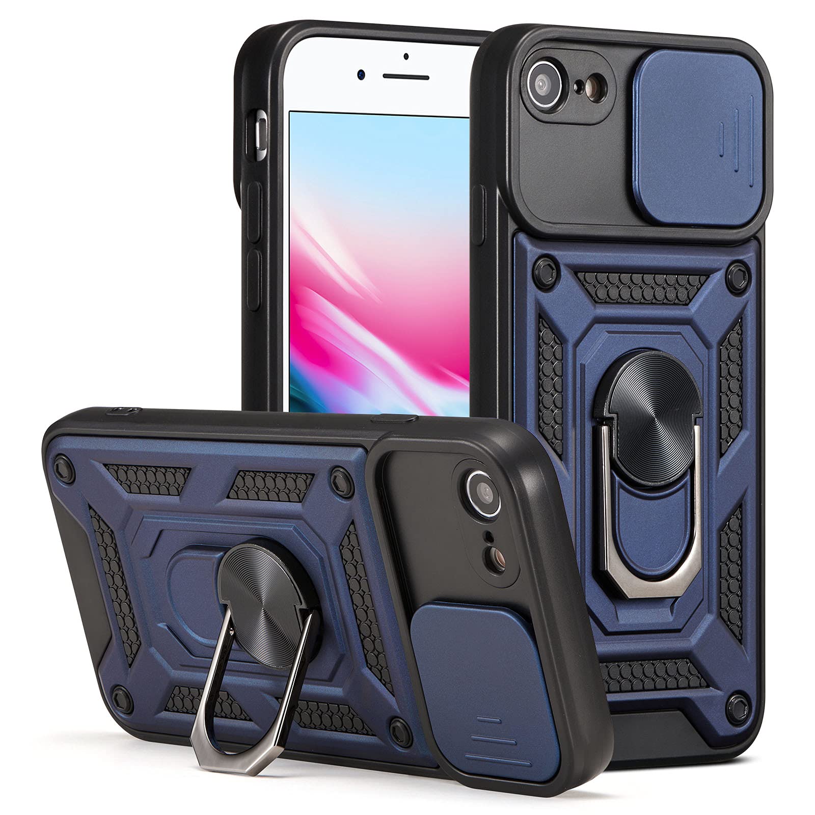 ZCDAYE Case for iPhone XR, Military Grade Dual-Protection Phone Case [Support Magnet Adsorption] with Metal Kickstand Protective Lens Sliding Cover Protective Case iPhone XR-Blue