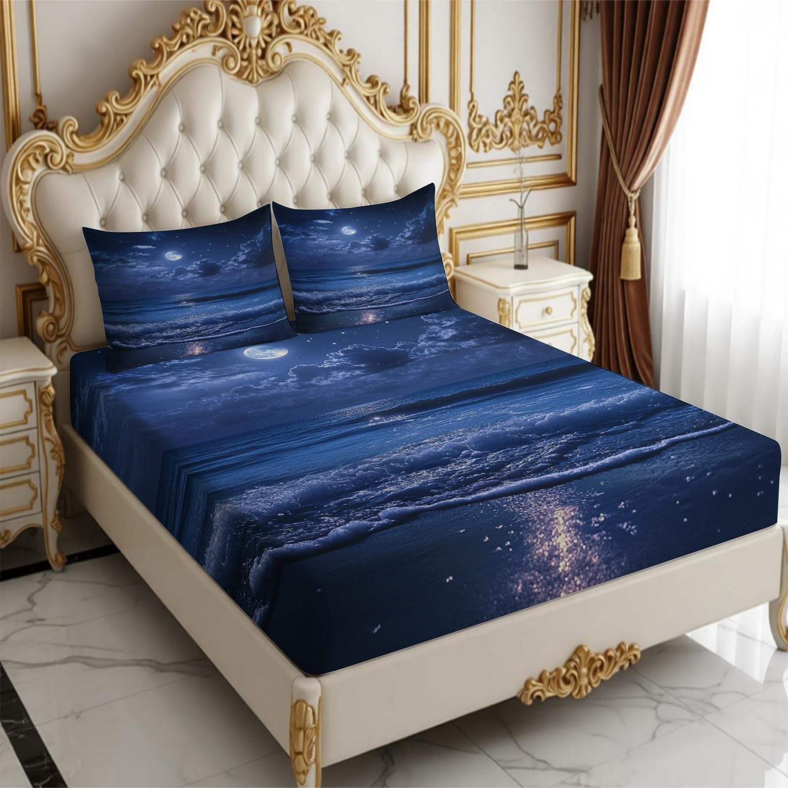 Lenzuolo con Angoli 180 x 200 cm Microfibra Vista notturna della spiaggia Lenzuolo Sotto Elasticizzato Profondo 25 cm blu per Singolo e Matrimoniale