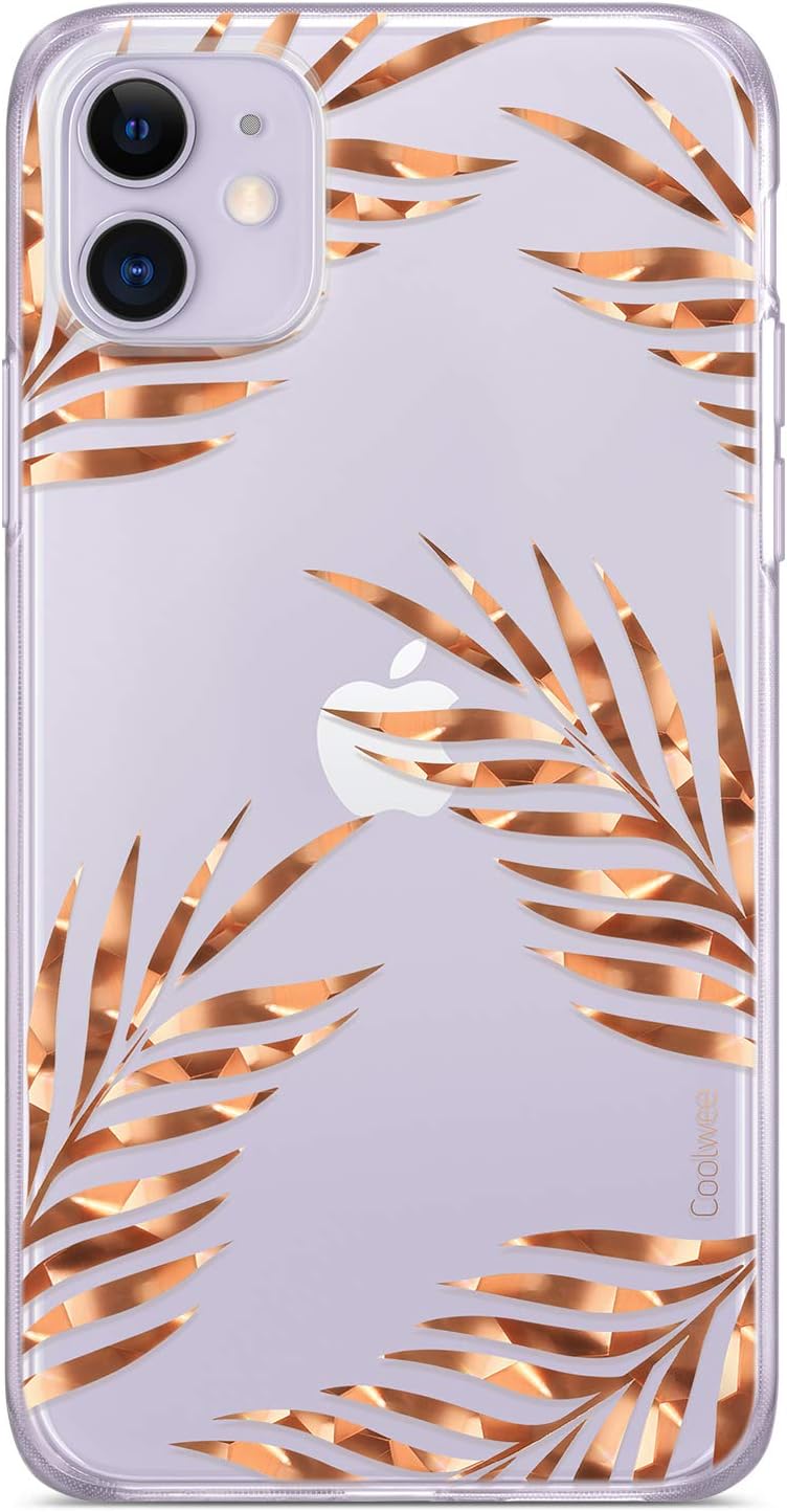 Coolwee iPhone 11 Case Rose Gold Palm Floral Case for Women Girl Men Foil Clear Design Shiny Glitter Hard Back Case with Soft TPU Bumper Cover for Apple iPhone 11 6.1 inch 2019 Tropical Leaves