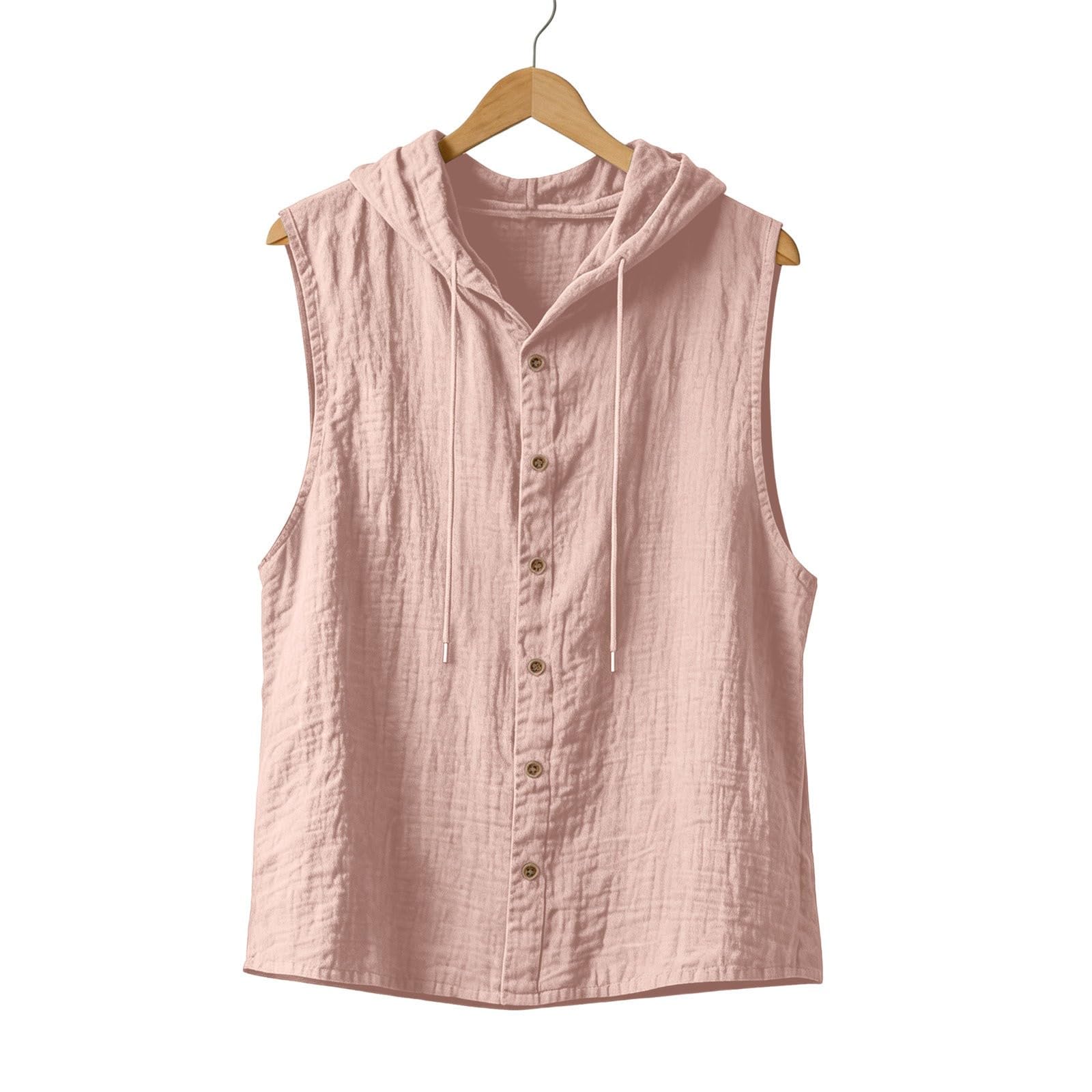 Chemise Lin Homme sans Manches éTé Chemises à Capuche BoutonnéE Chemisette De Plage DéContractéE Regular Fit Surchemise Respirant LéGèRe Veste Grande Taille Hoodie
