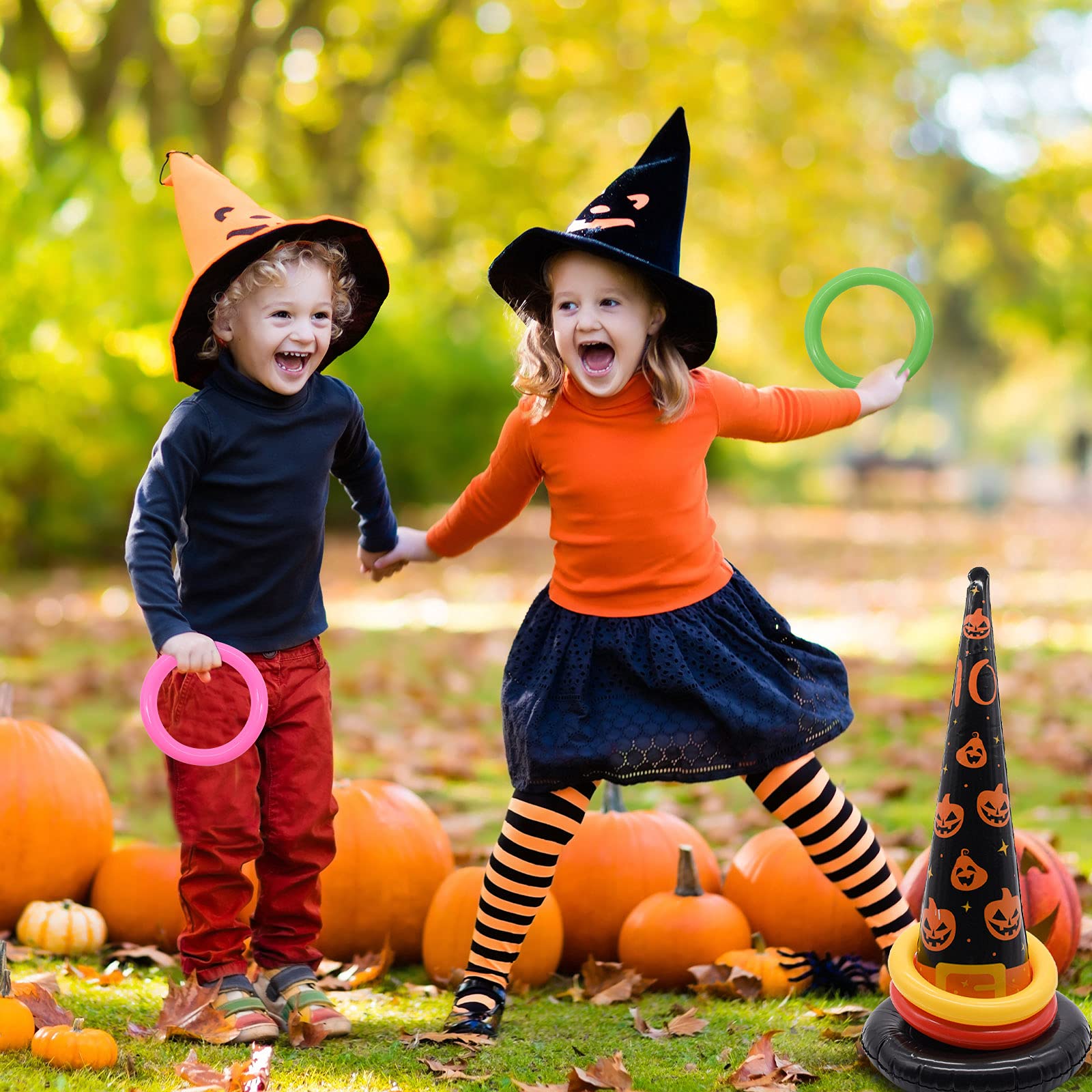 TRIXES Halloween Ensemble de Jeu de Lancer d'anneaux gonflables - Araignée Gonflable et Chapeau de sorcière - Pompe à air Incluse