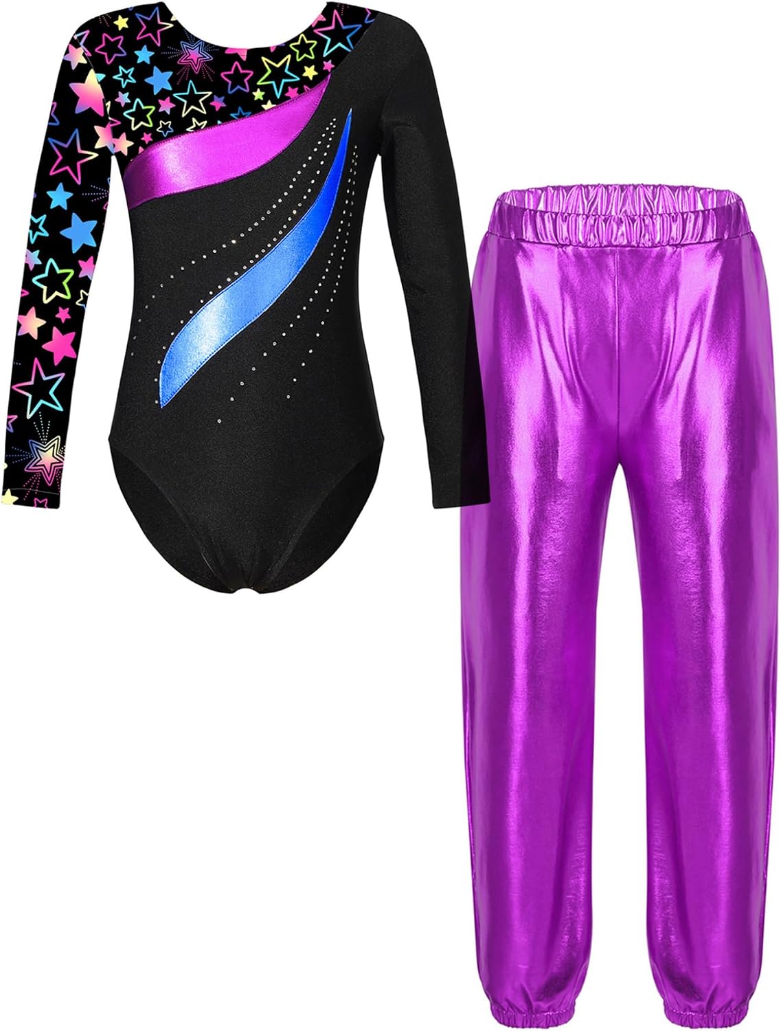 Freebily Girls 2Pcs Active Dance Set Gymnastics Outfits Sparkle Ballet Leotard with Jogger Pants Set Tracksuit Jazz Dancewear