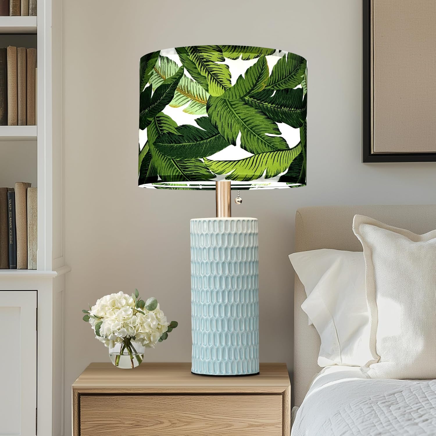 Drum Lamp Shades,13"Top x 13"Bottom x 10"High (Spider) Green Leaf Pattern Fabric Lamp Shades,for Table Lamps Floor Lamps, Farmhouse Lampshades Replacement, Assembly Required