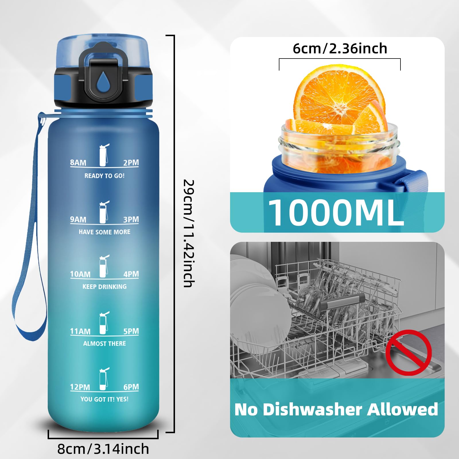 Grsta Borraccia 1 litro, Borraccia Palestra, Boraccia Senza Perdite, Facile da Pulire, Boraccia Motivazionale, Bottiglia Con Orari Per Bere, Facile da Trasportare, per Fitness, Scuola, Viaggio