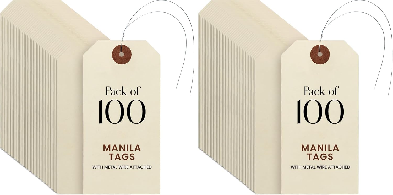 Blank Manila Shipping Tags with Pre-Attached Wire Hangers, Set of 100, Size #5, 9pt Paper Cardstock Hang Tag Label with Reinforced Eyelets, 4 3/4" x2 3/8" (Pack of 2)
