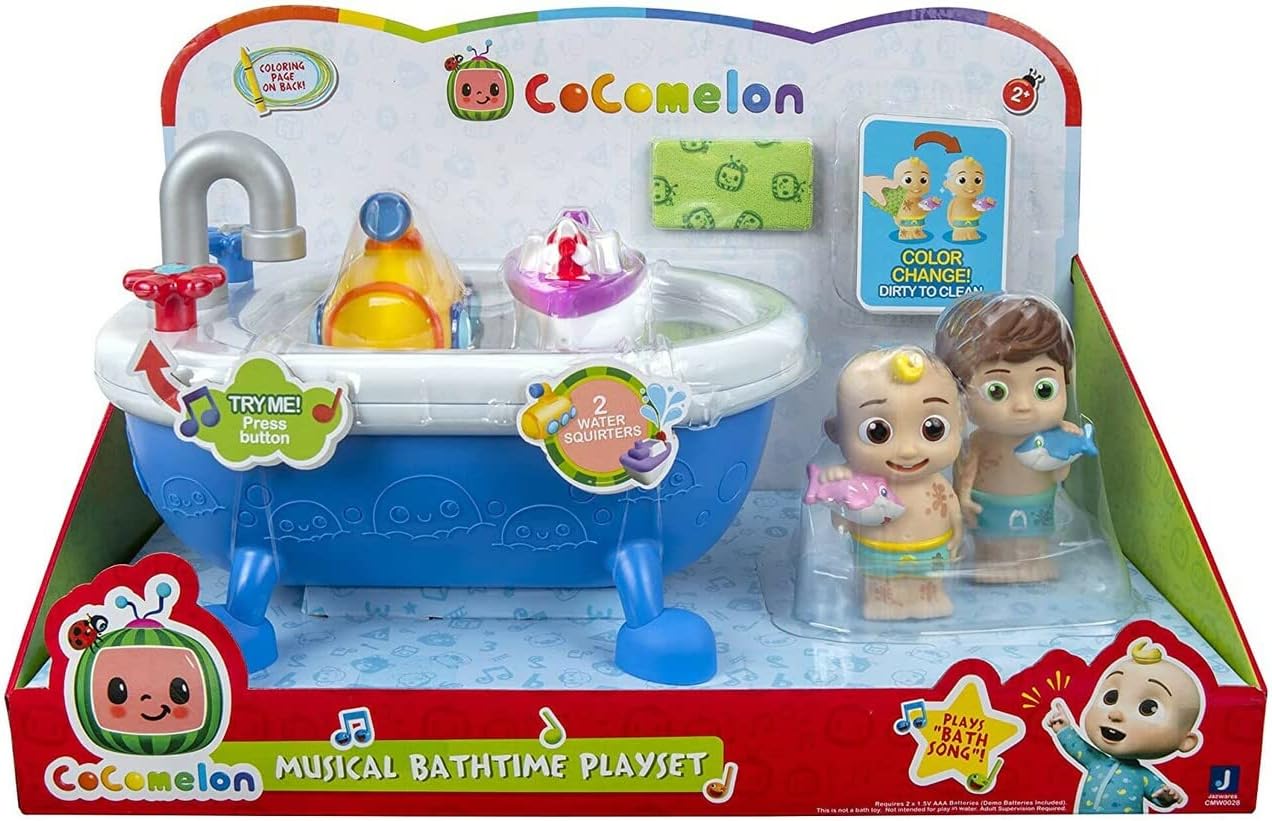 Coco Melon Musical Bathtime Playset, Includes JJ and Tomtom Figurines, Toys for Toddlers, Includes 12 Exclusive Cocomelon Stickers