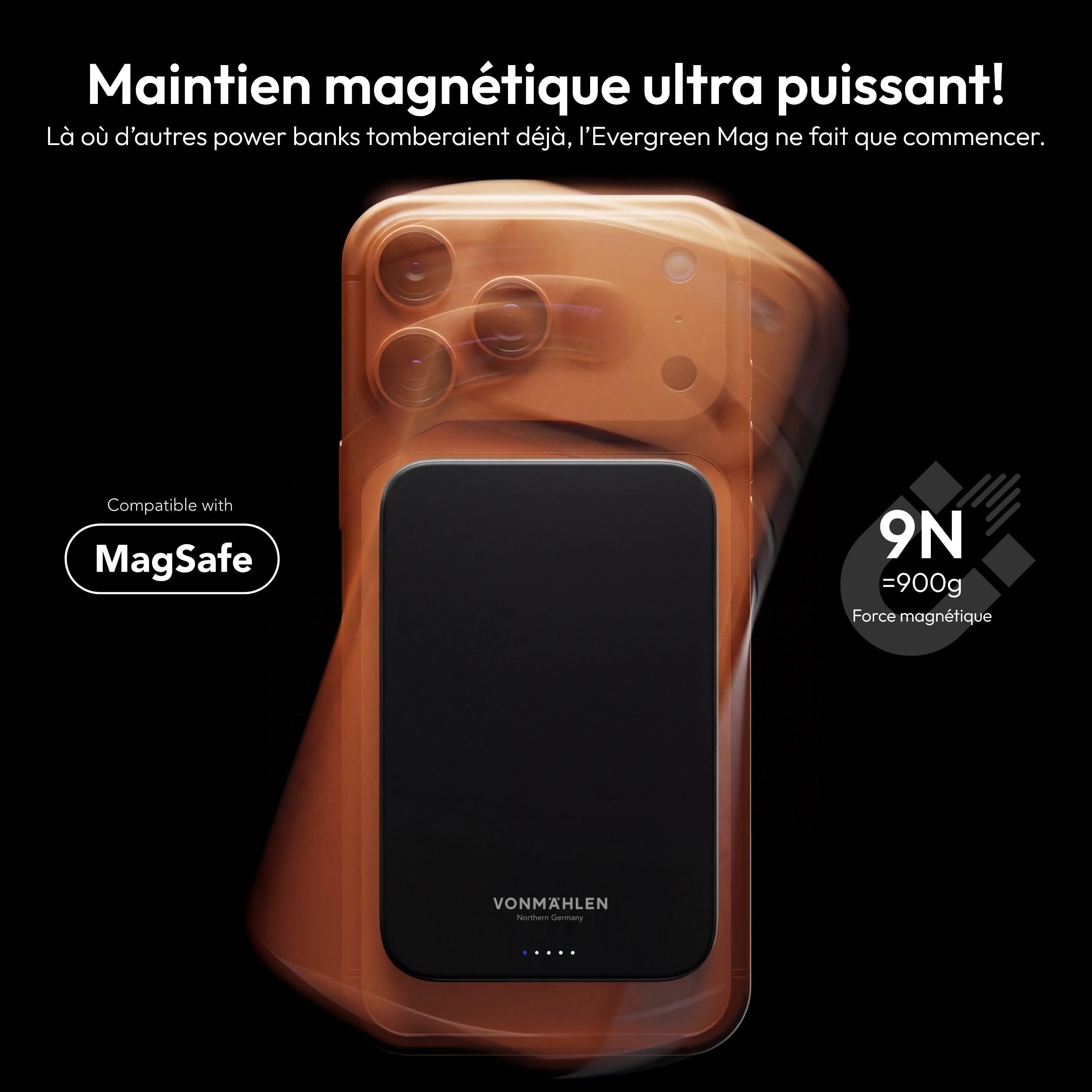 Vonmählen Evergreen Mag - Batterie Externe magnétique Ultra-Fine 5000 mAh, Charge Rapide sans Fil et USB‑C PD, certifiée Qi2 - Noir