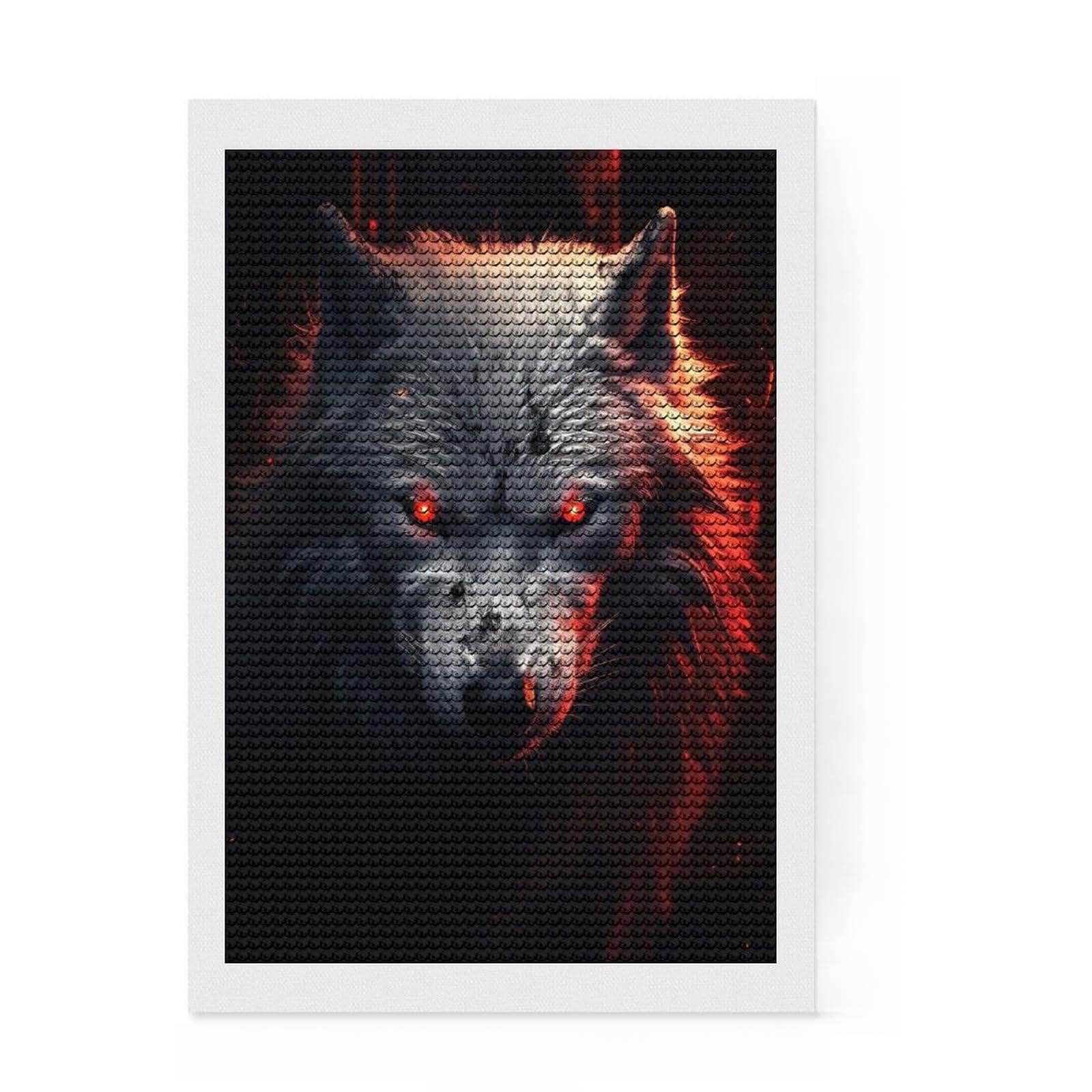 Junmoney Evil White Wolf Diamond Painting Set 8"x12", Adhesive Canvas, Finish and Display, Office Decor, Birthday Gift, Sparkling Round Gems