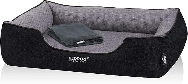 BedDog Premium Ortopedyczne ³ó¿ko dla psa CLARA, kanapa dla psa ze sztucznej skóry, zdejmowany pokrowiec, dodatek w postaci przytulnego koca - THE-ROCK (czarny/szary)