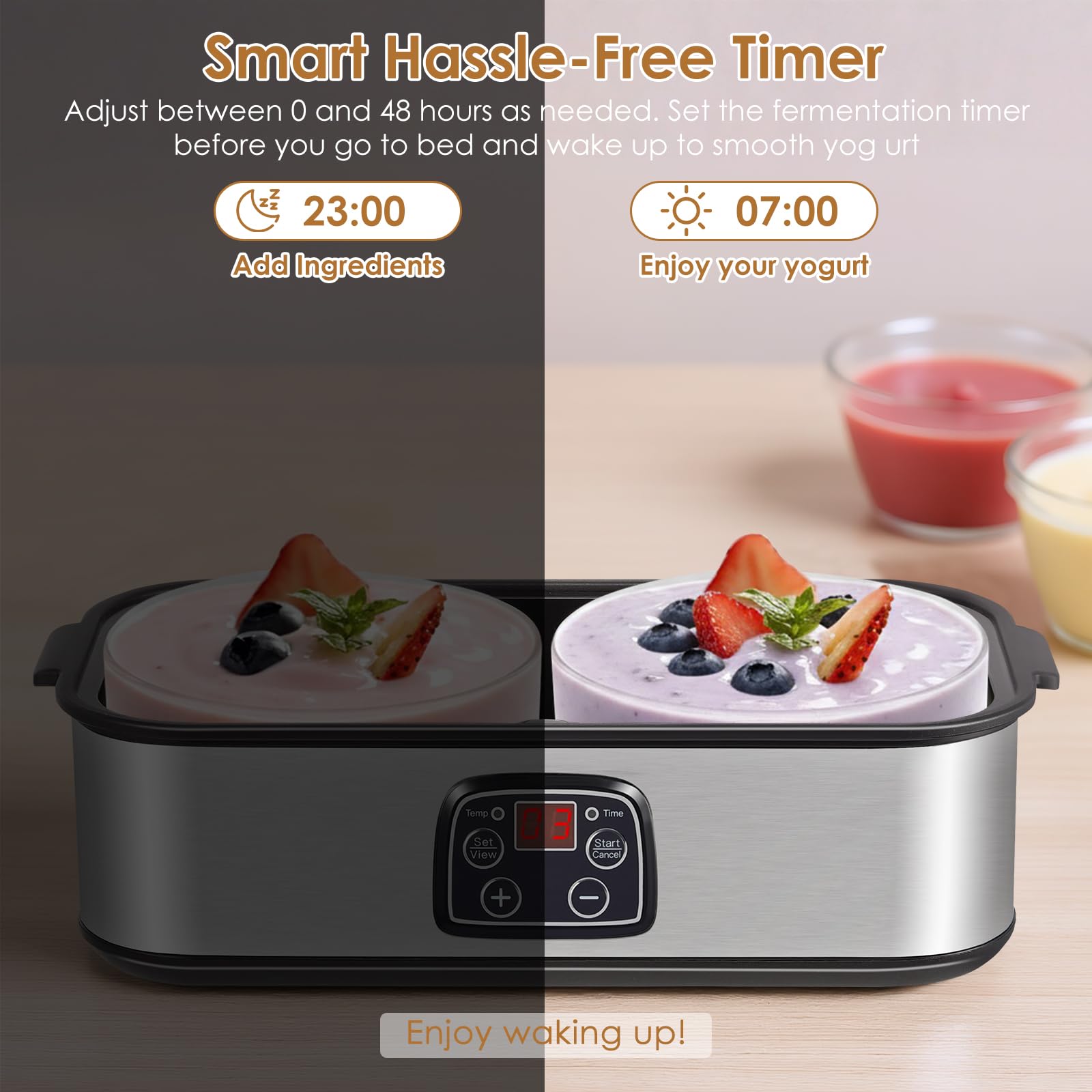Yogurtera con pantalla LED y 2 recipientes de cristal de 1000 ml, con temperatura ajustable y temporizador, para yogurt, queso, natto, postres saludables