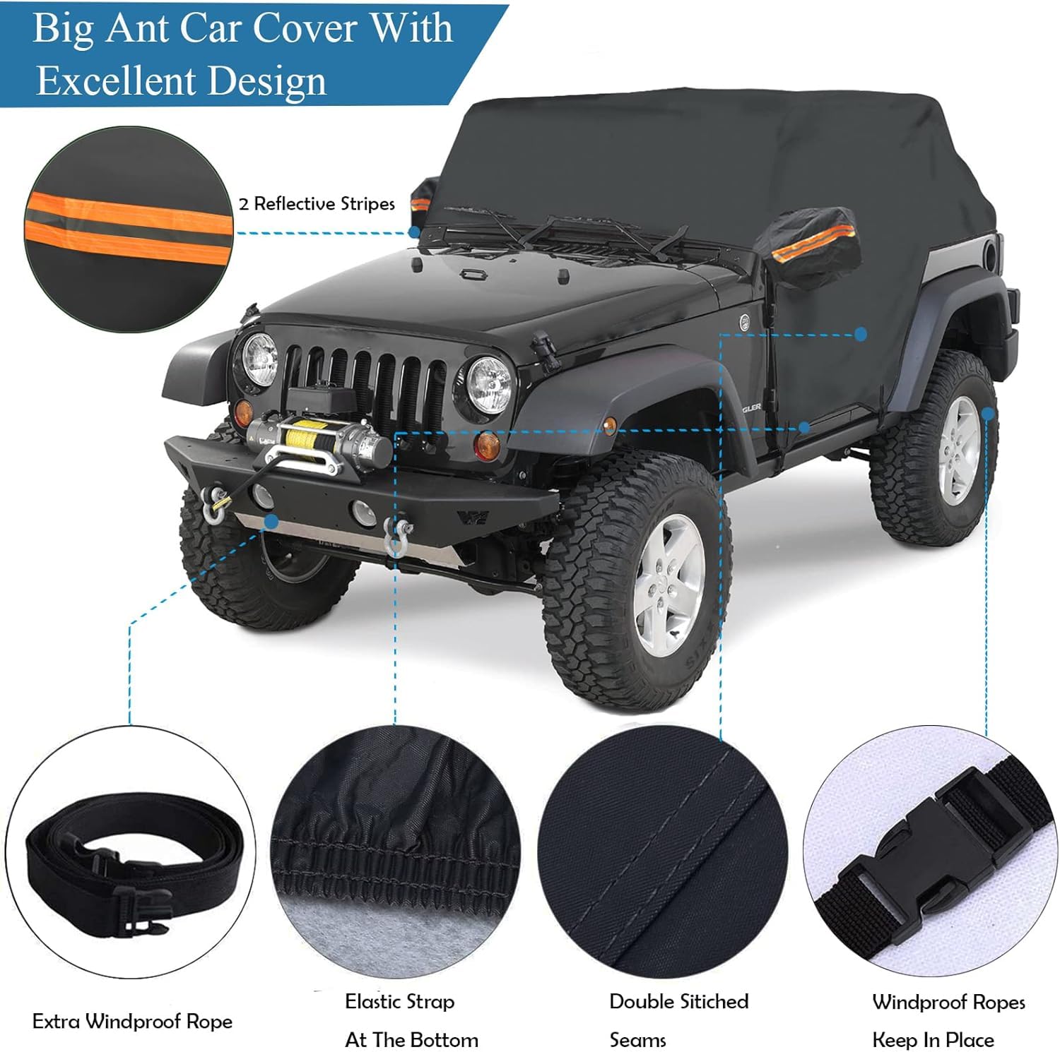 Big Ant Car Cab Cover for 1987-2025 Je-ep Wrangler JK JKU JL JLU 2 Door Half Car Cover — view 2
