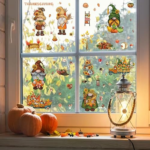 Miniatura 3 de Hying 9 hojas de gnomos de otoño para ventana, calcomanías de Acción de Gracias para ventana, calcomanías de otoño con hojas de arce estáticas de