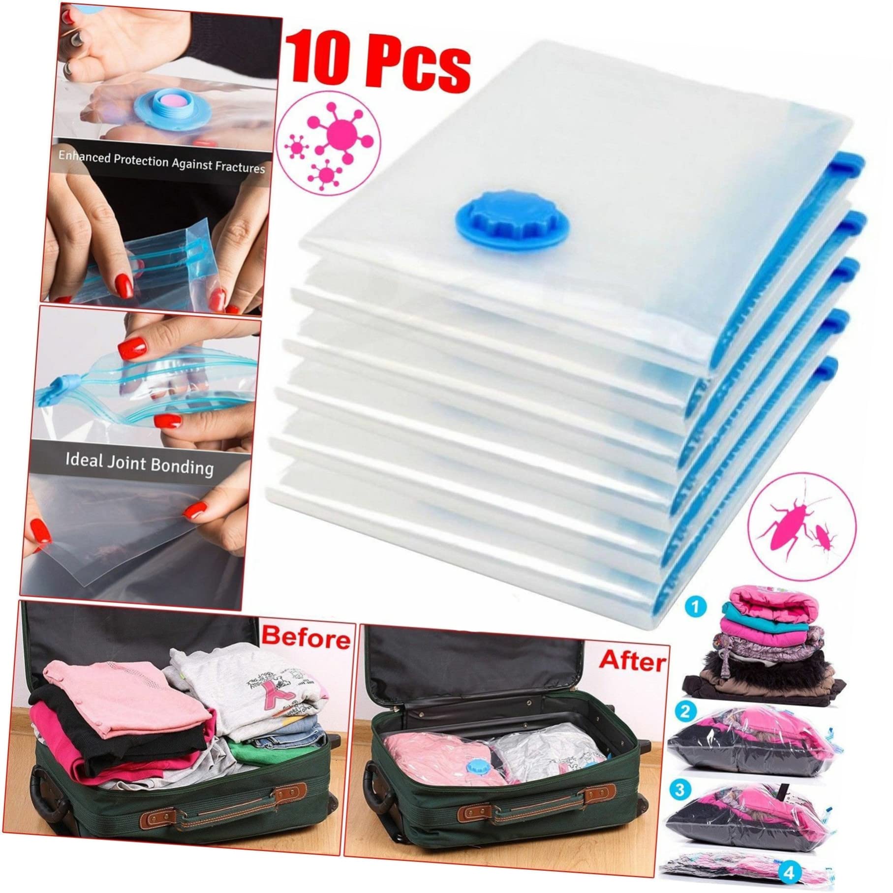 10piezas Bolsa de Compresión para Ropa Edredones Bolsas de Almacenamiento al Vacío Organizadores Plegables para Ahorrar Espacio