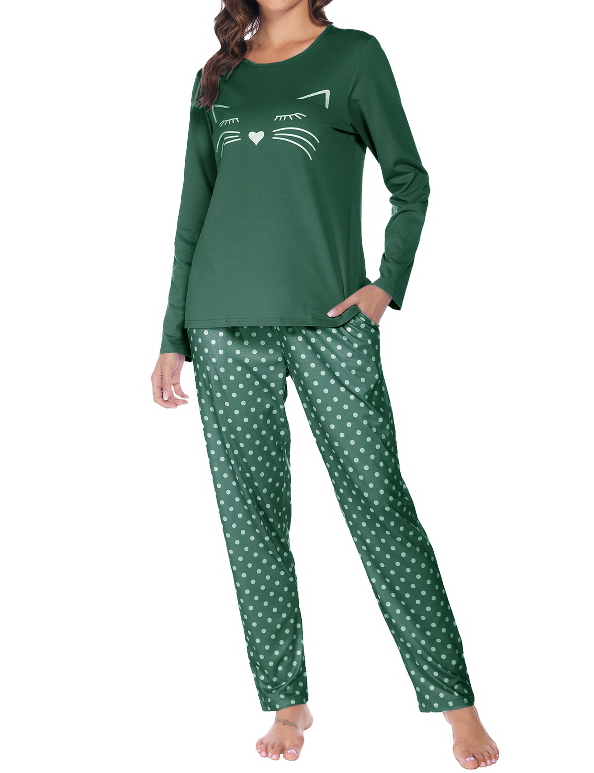 BigKing Pyjama À Motifs De Chat À Manches Longues, Femmes Vêtements De Maison De Pyjama Mignon À Pois Chat pour Loisirs À La Maison
