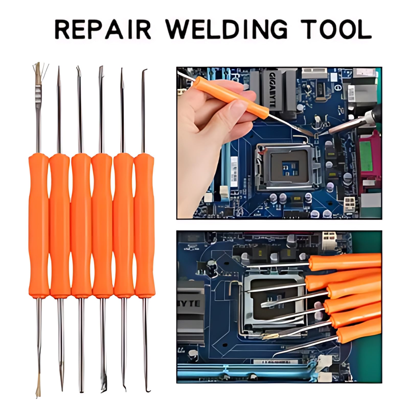 Welding Auxiliary Tools 6Packs Metal Solder Aid Kits Circuit Board Precise Welding Tool Set Brush Scraper Fork Hook Awl(Orange) - Image 3