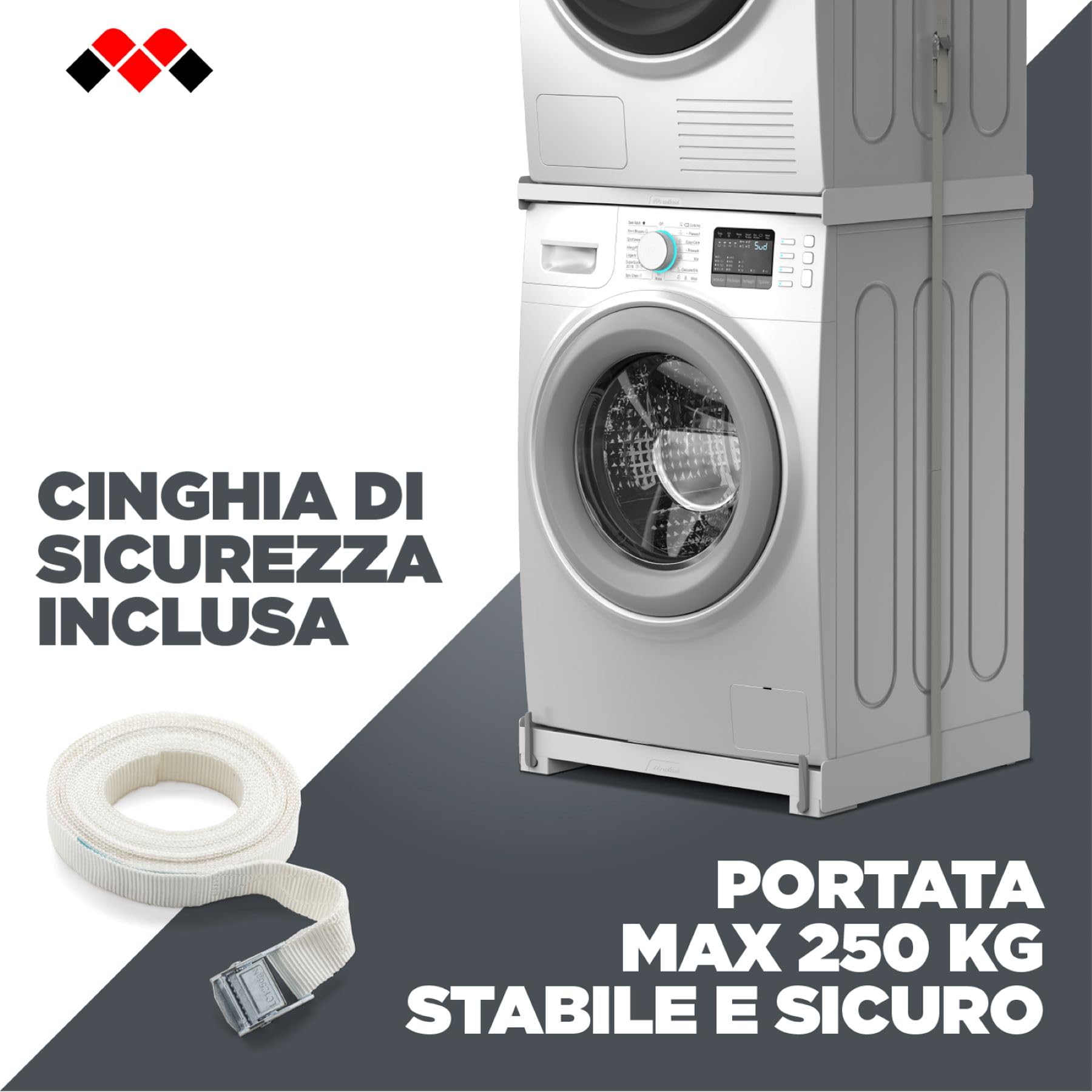 Meliconi Moving Tower | Kit 2 in 1 per realizzare colonna Lavatrice-Asciugatrice, contiene Kit di Sovrapposizione e una Base con Ruote, Premontato, 250 kg, Plastica riciclata, Made in Italy, Bianco