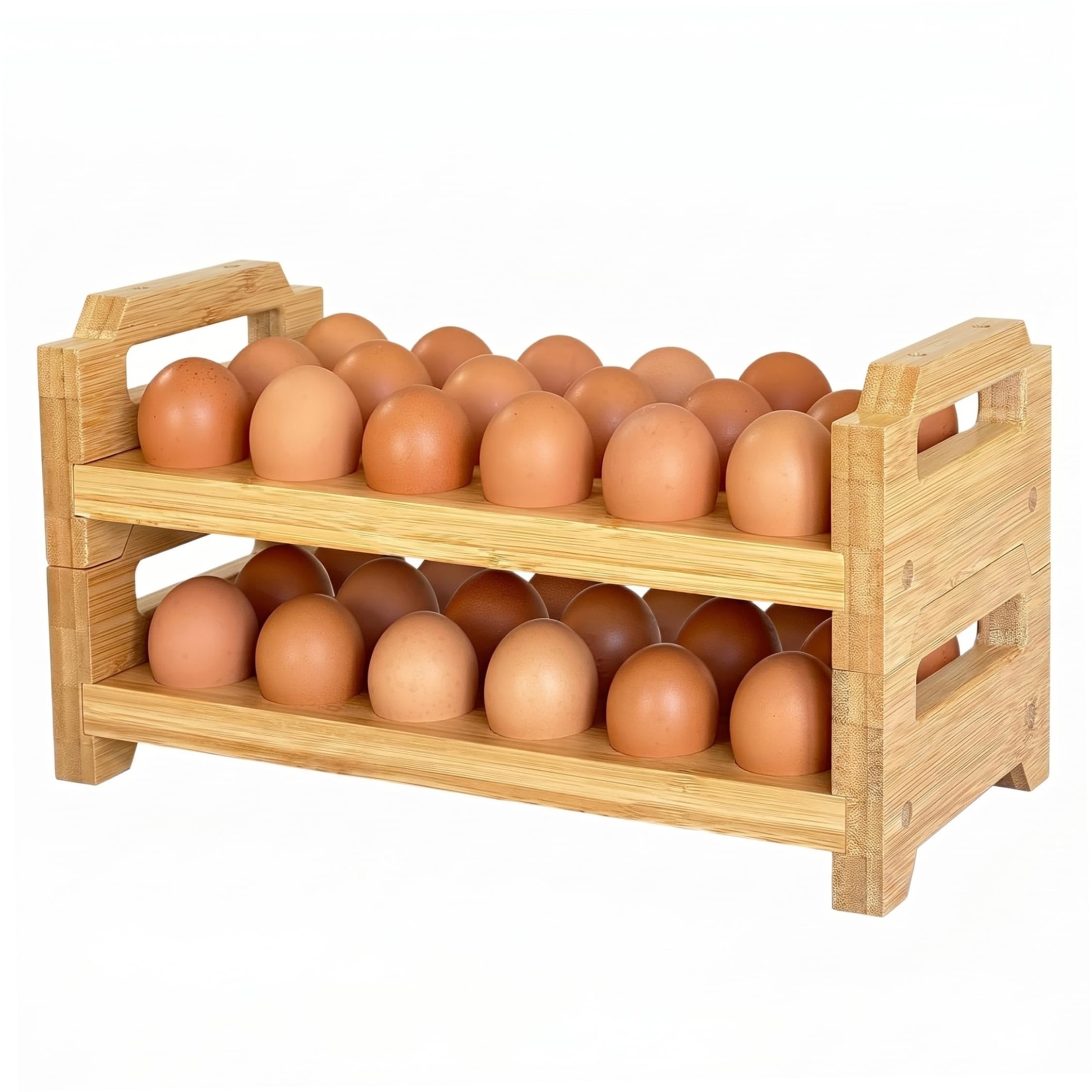 Huevera de bambú de 2 niveles con asa, bandeja apilable para huevos para almacenamiento en cocina y refrigerador, Color Bambú
