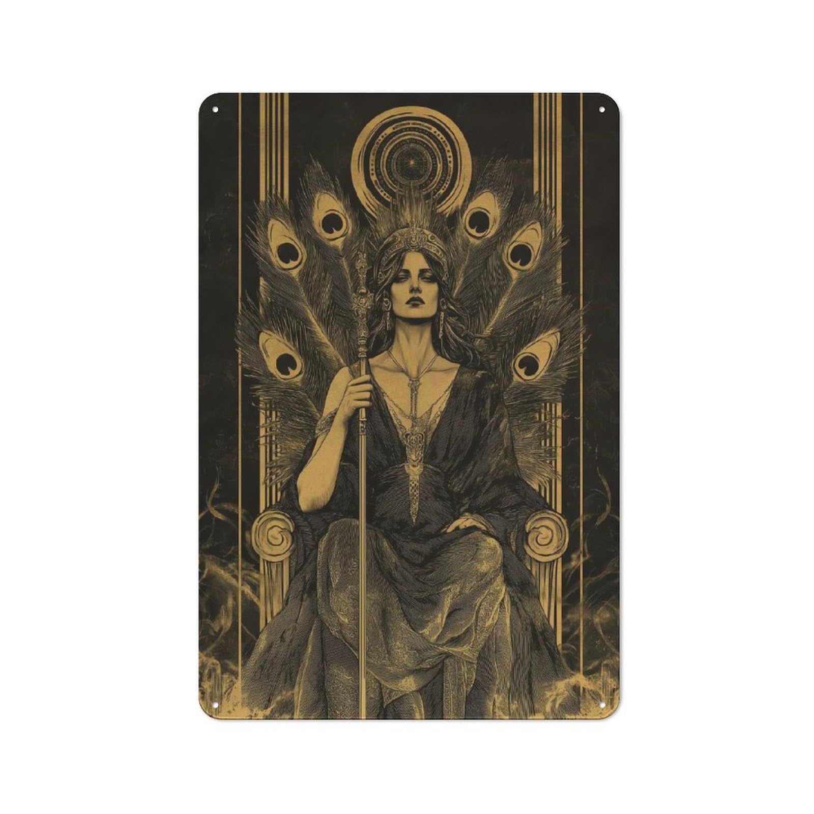 Junmoney Golden Queen With Peacock Feathers Metal Wall Sign 30X20cm, Rustic Classic Pub Decor For Cafe, Pub, Workshop Or Home Bar