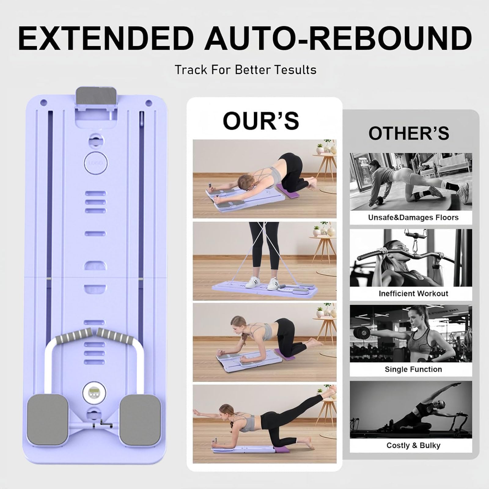 Faltbares Pilates Board Reformer Set, Multifunktionales Reformer Pilates Maschine mit Knieschutz, Zählfunktion & Automatischem Rückprall, Ideal für Zuhause Training, Anfänger & Profis