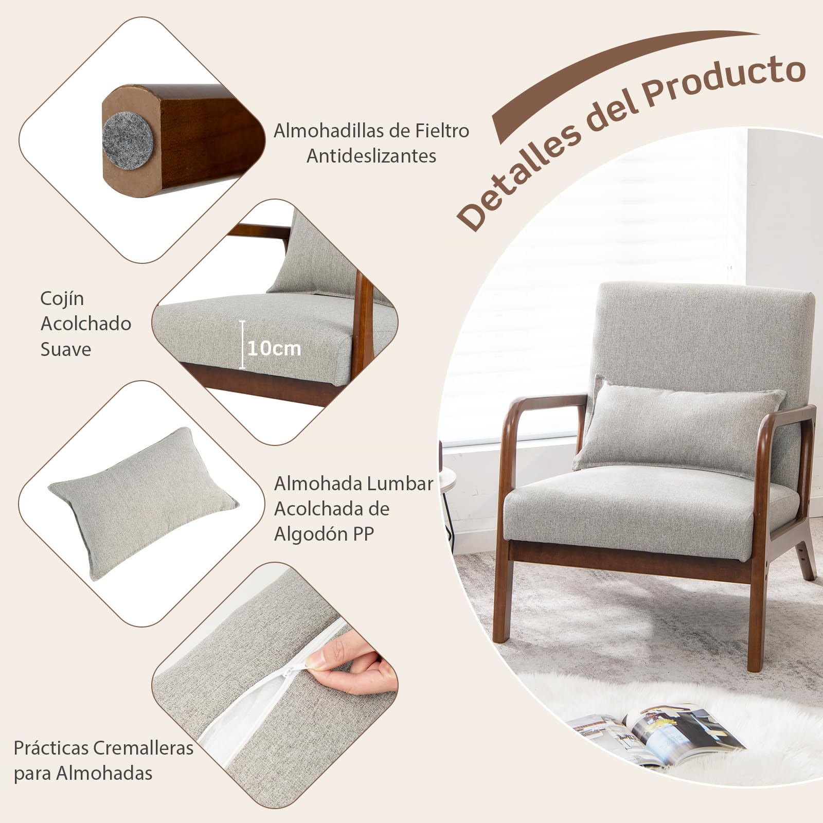 COSTWAY Silla Moderna de Madera, Butaca de Salon con Almohada Lumbar, Almohadillas de Fieltro Antideslizantes, Sillón de Lectura Tapizado en Tela, 79 x 65 x 77 cm (Gris)