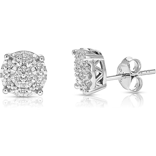 1/10 cttw Diamond Stud Earrings in .925 Sterling Silver Push Backs Round Shape