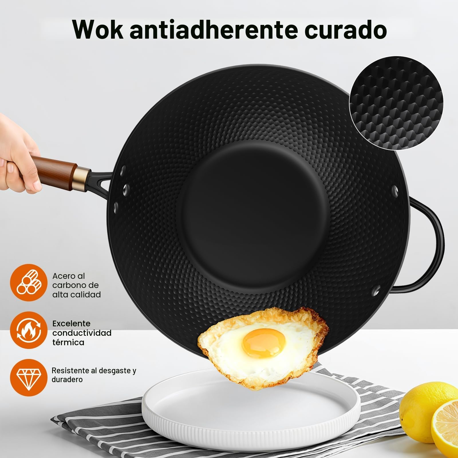 Jobin 33cm Wok de Inducción con Tapa, Sin Recubrimiento Químico, Pre-sazonado Wok de Acero al Carbono, con Mango Auxiliar de Madera y Acero, Compatible con Inducción