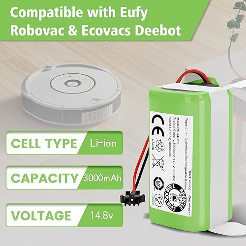 Miniatura 2 de Baterías de repuesto al vacío de 3000 mAh 14.8 V para Eufy RoboVac 11, 11S, 30, 30C, 15C, 15T, 12, 35C, 15C Max, para Ecovacs Deebot N79S, 500,