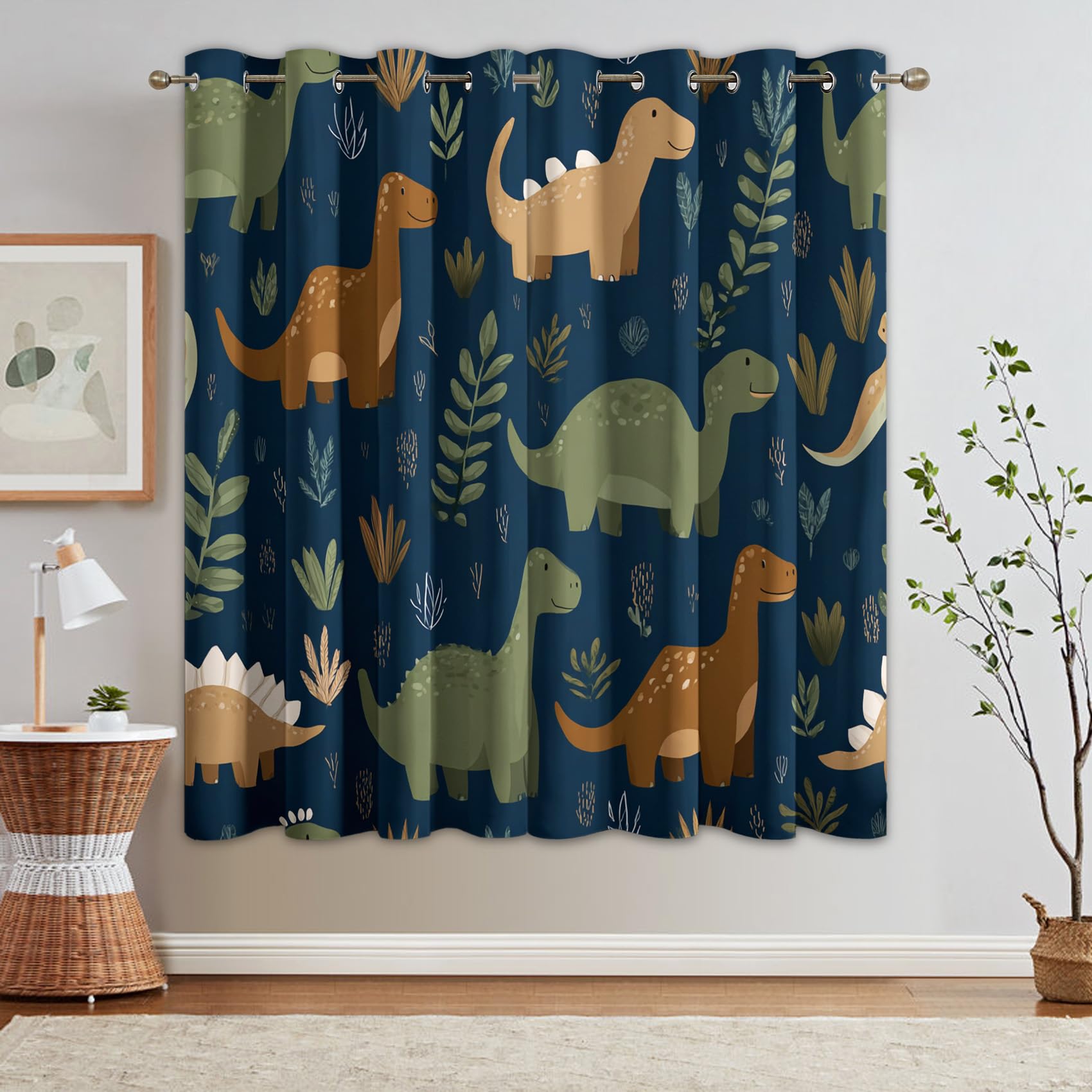 Rideaux Motif Enfants Dinosaures - Rideau Occultant Mignon Dino Animaux, Lot de 2 Rideaux Imprimé, Decoration Chambre Salon Cuisine, Draperies Intérieurs à Oeillets L 140 x H 180 T&YH-42
