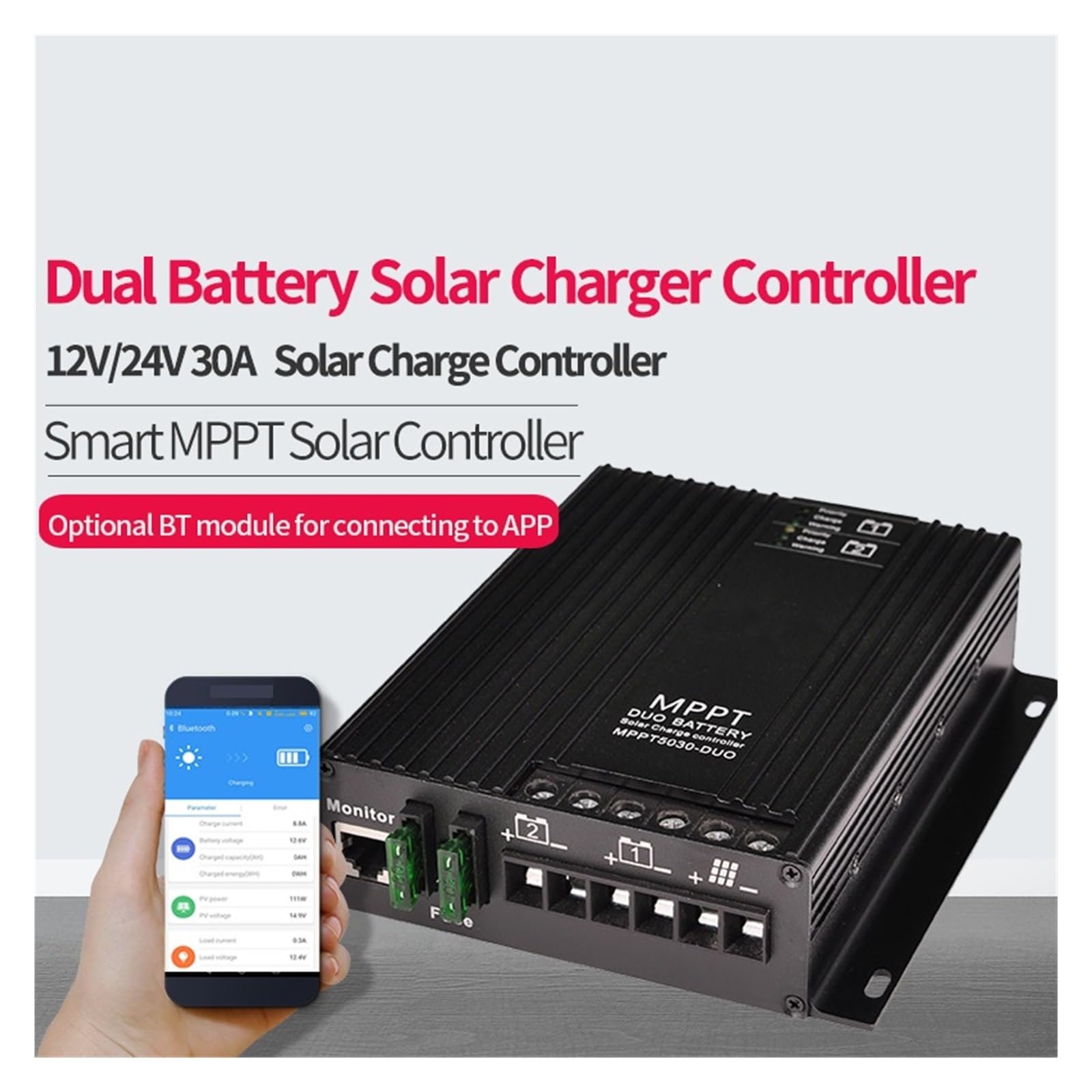 Kontroler MPPT 30A Obsługa Aplikacji Bluetooth LCD 12 V/24 V Dla Akumulatora Litowo-ołowiowego Z Podwójną Baterią Sterownik Ładowarki Słonecznej(30A controller BT)