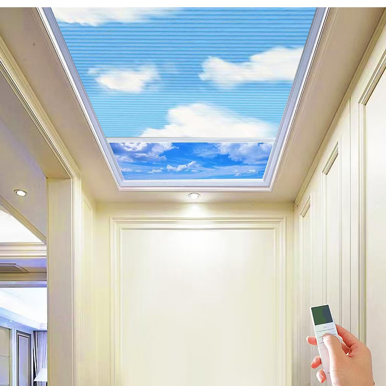 TIPIACE New Upgrade Rechargeable Motorized Skylight Blinds Full Blackout Fabric Cellular Honeycomb Shades Suitable for Roof Inclined Plane Room Windows (Blue Sky 93021I)