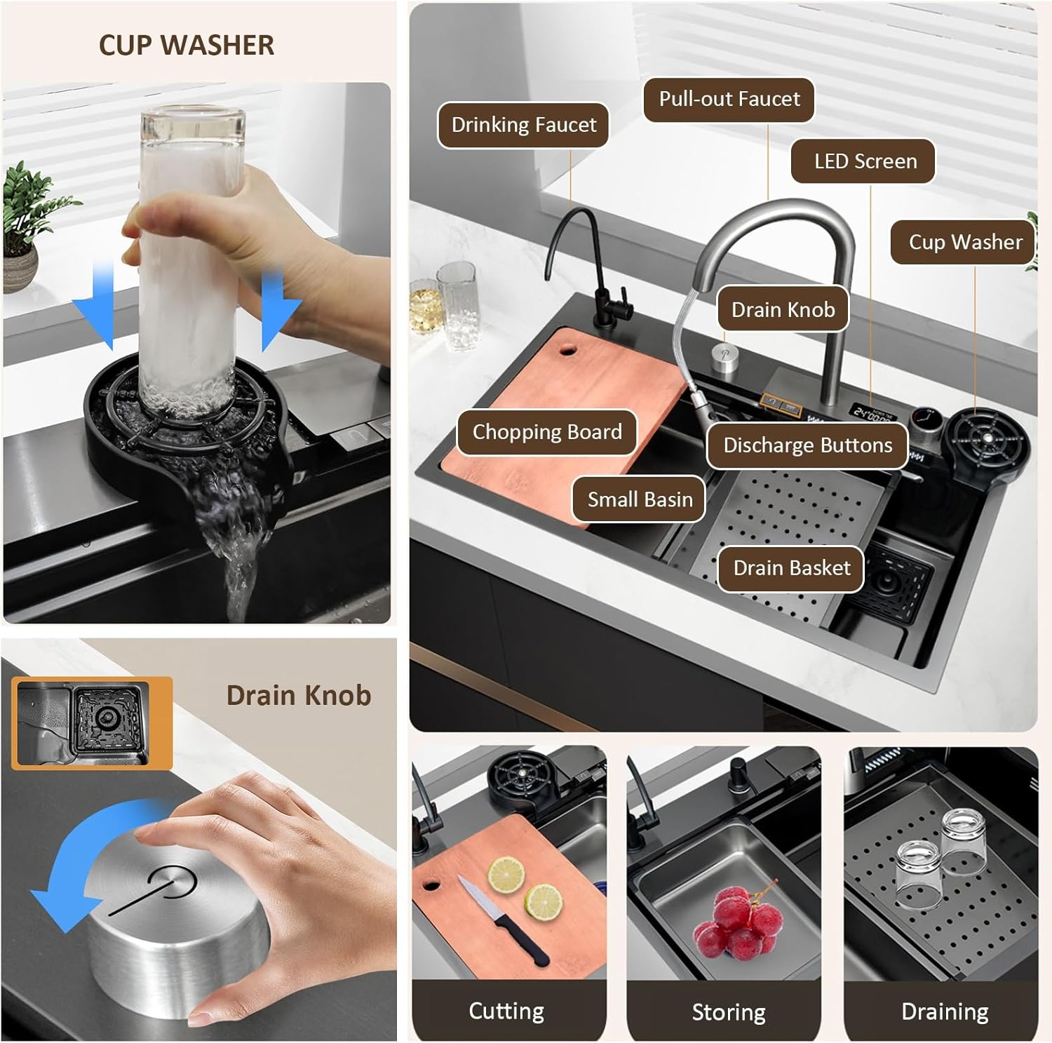 Waterfall Kitchen Sink With Pull Out Faucet, Cup Washer, Drinking Tap & Drain Kits, 304 Stainless Steel Workstation Sink, Kitchen Cleaning Basin, Black Grey Bar/Prep Sink ,One Color-68x46x21cm