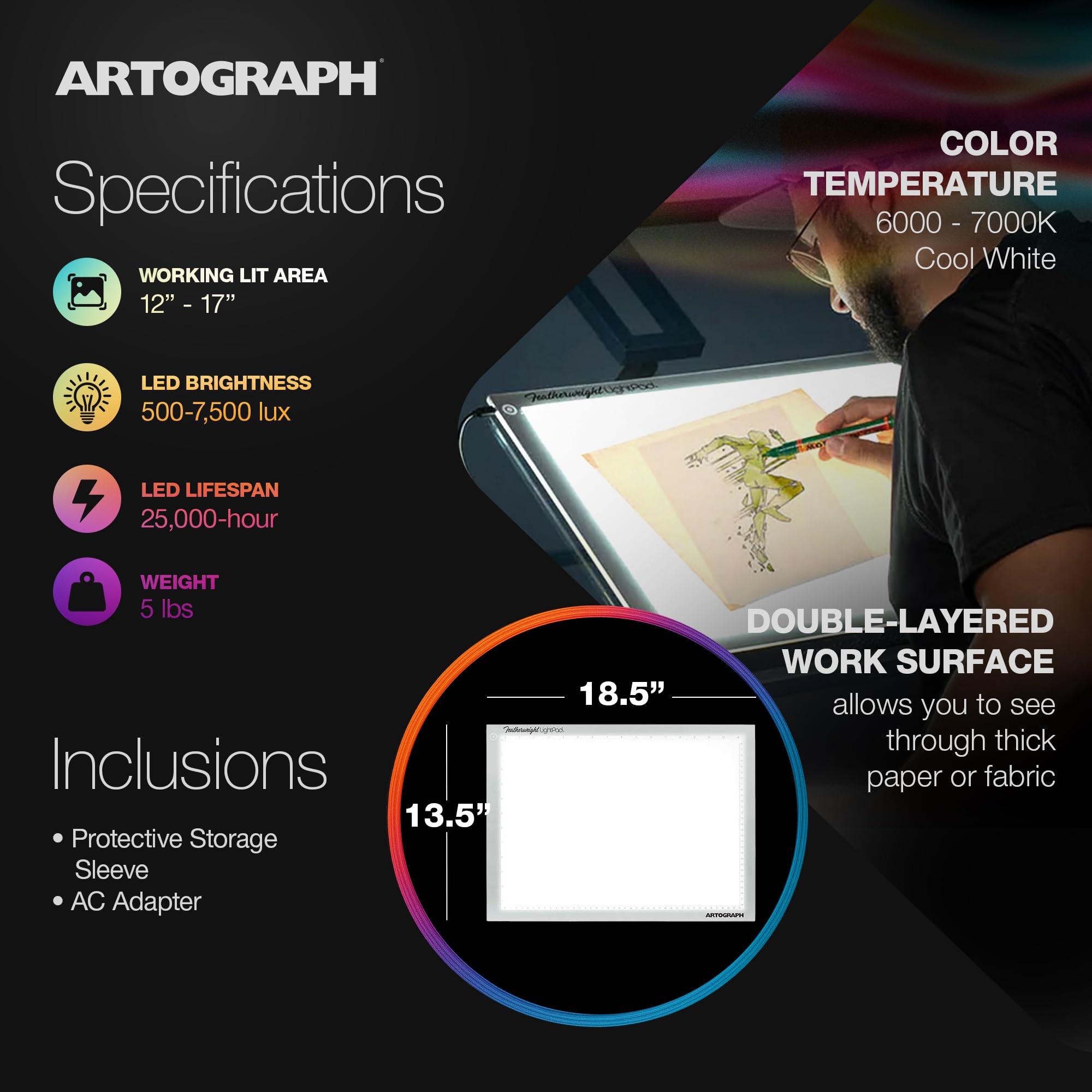 Artograph Federleichtes Lightpad, 30,5 x 43,2 cm, ultradünn, dimmbar und leicht zum Zeichnen, Nachzeichnen von Illustrationen, Animation, 25832